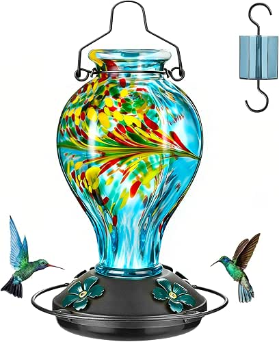 Hand Blown Glass Hummingbird Feeders for Outdoors Hanging, 24oz Wild