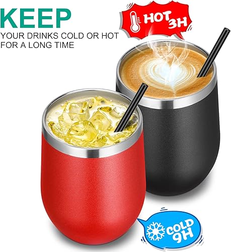 Miniatura 4 de Vaso de vino VEGOND de 12 oz hecho de acero inoxidable, térmico con tapa y pajita, vaso de vino con aislamiento al vacío y doble pared, sin tallo,