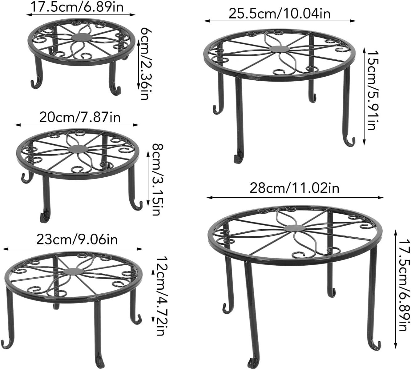 Asixxsix 5 Pack Metal Plant Stands, Heavy Duty Flower Pot Stands, Indoor Outdoor Rustproof Metal Planter Container Round Supports Display Rack for Decor