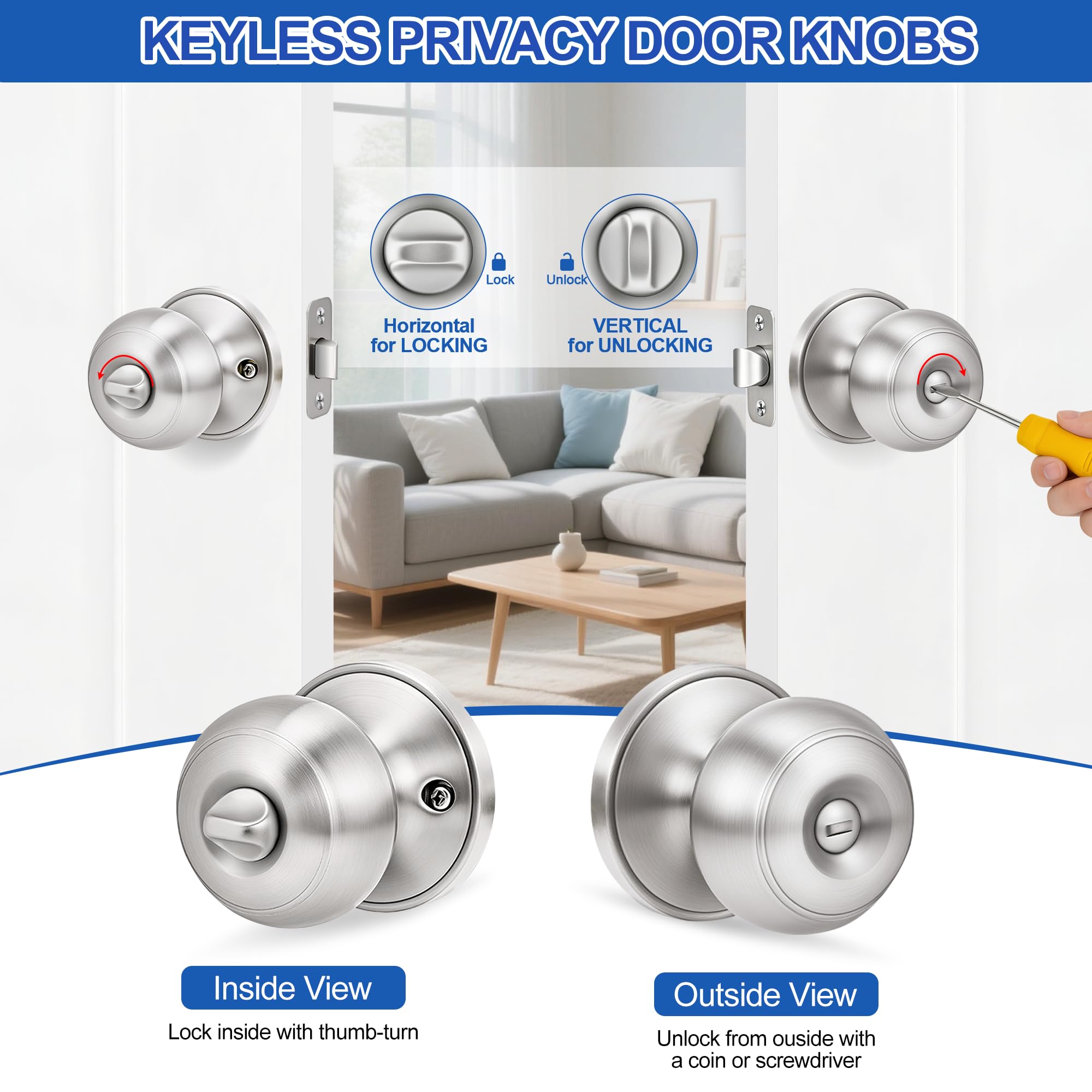 Plustool 10 Pack Brushed Nickel Door Knobs,Privacy Door Knob with Lock, Interior Doorknobs Silver, Keyless Door Locks Set for Bedrooms Bathrooms, Reversible for Left/Right Door Handle — Amazon image 3