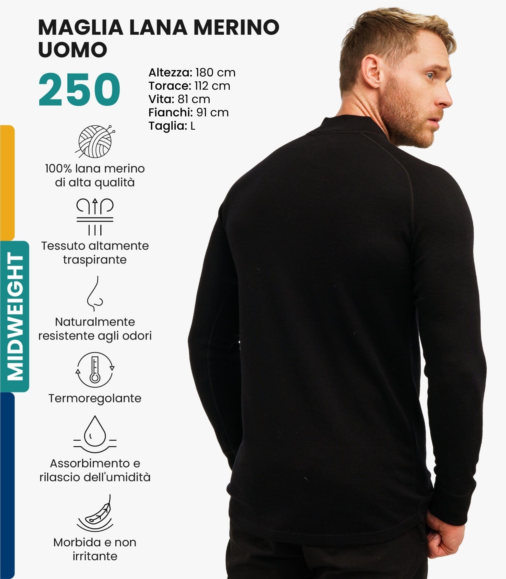 Merino.tech Maglione Lana Merino Uomo Mezza Zip - Intimo Termico Lana Merino Leggero, Medio, Pesante e Calzini