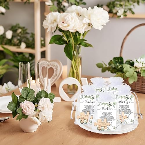 Miniatura 7 de Sintuff Recuerdos de boda para invitados, rompecabezas de madera rústica, llavero, tarjeta de agradecimiento, bolsa de organza, fiesta de boda,
