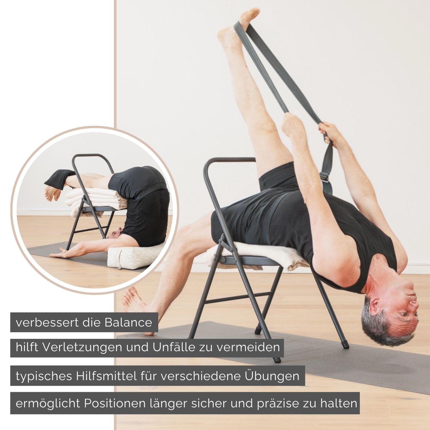 Bodhi Yoga Stuhl | Hilfsstuhl für Dehn- & Drehübungen | Klappstuhl für Iyengar Yoga | Stabil & Robust | Yoga Übungsstuhl für Zuhause | Beistellstuhl aus Metall | Anthrazit