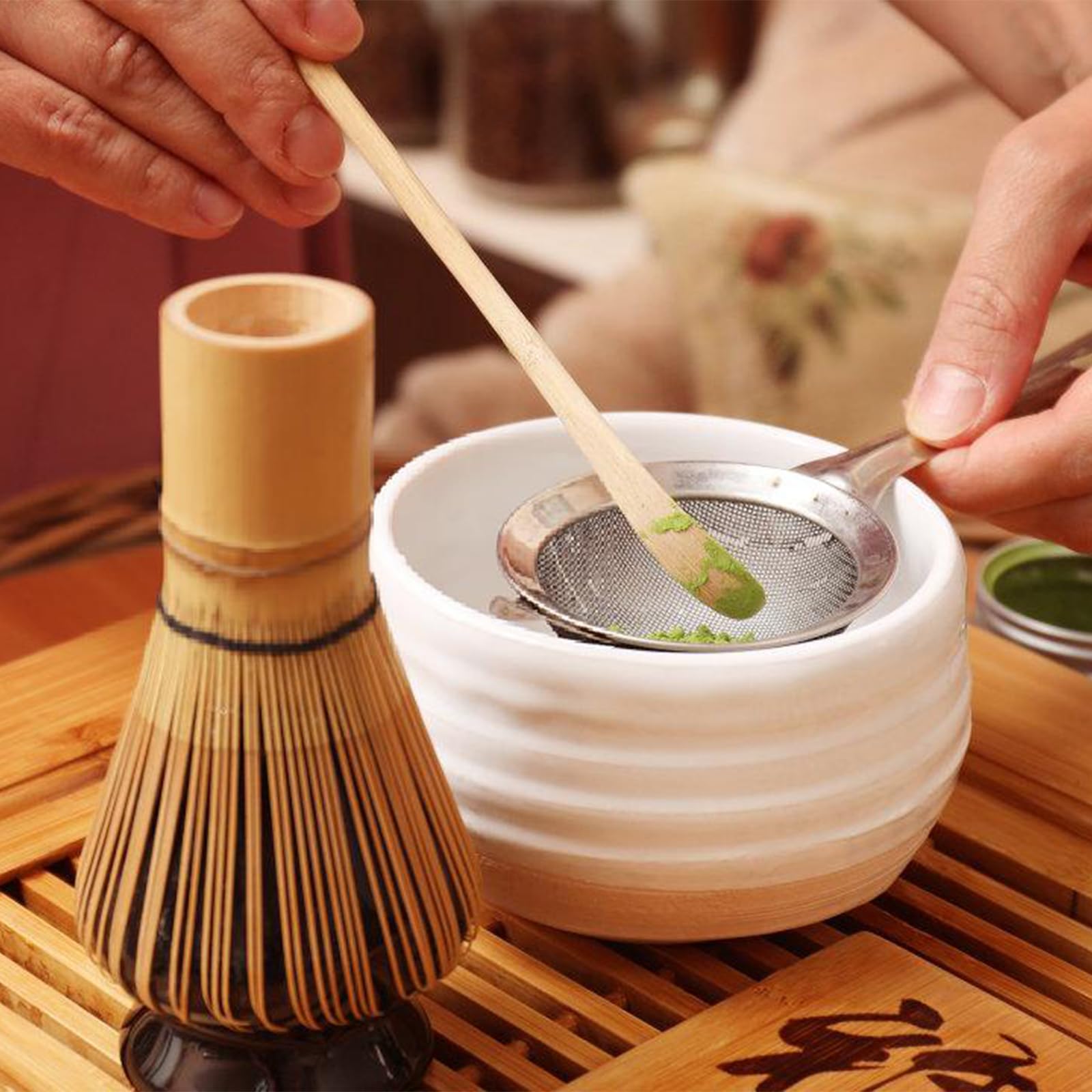 Set di frusta giapponese Matcha per tè Cerimonia, frusta Matcha (Chasen), paletta tradizionale (Chashaku), portasapone, setaccio e ciotole in ceramica (5 pezzi