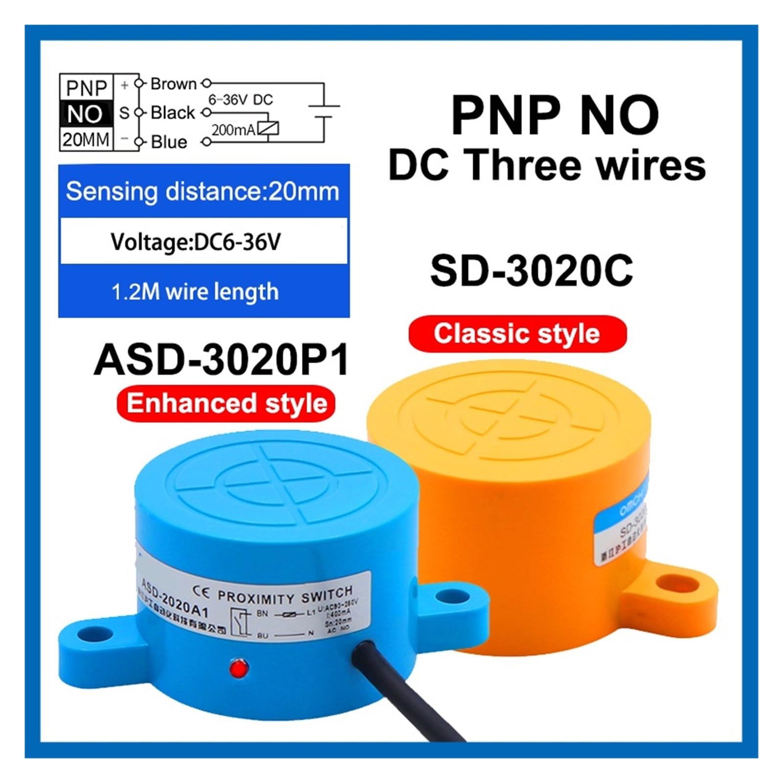 1 szt. SD-3020 20 mm Odległość wykrywania odległości okrągły metalowy czujnik zbliżeniowy dwa lub trzy cztery przewody NPN PNP nr NC(Dc Three Wire Pnp No, Enhanced Style)