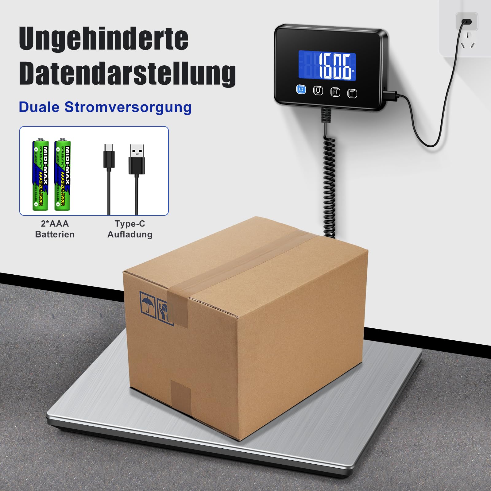 KUAIVO Paketwaage 300kg/20g Hochpräzise Plattformwaage Edelstahl LCD Hold Tara aufladbar