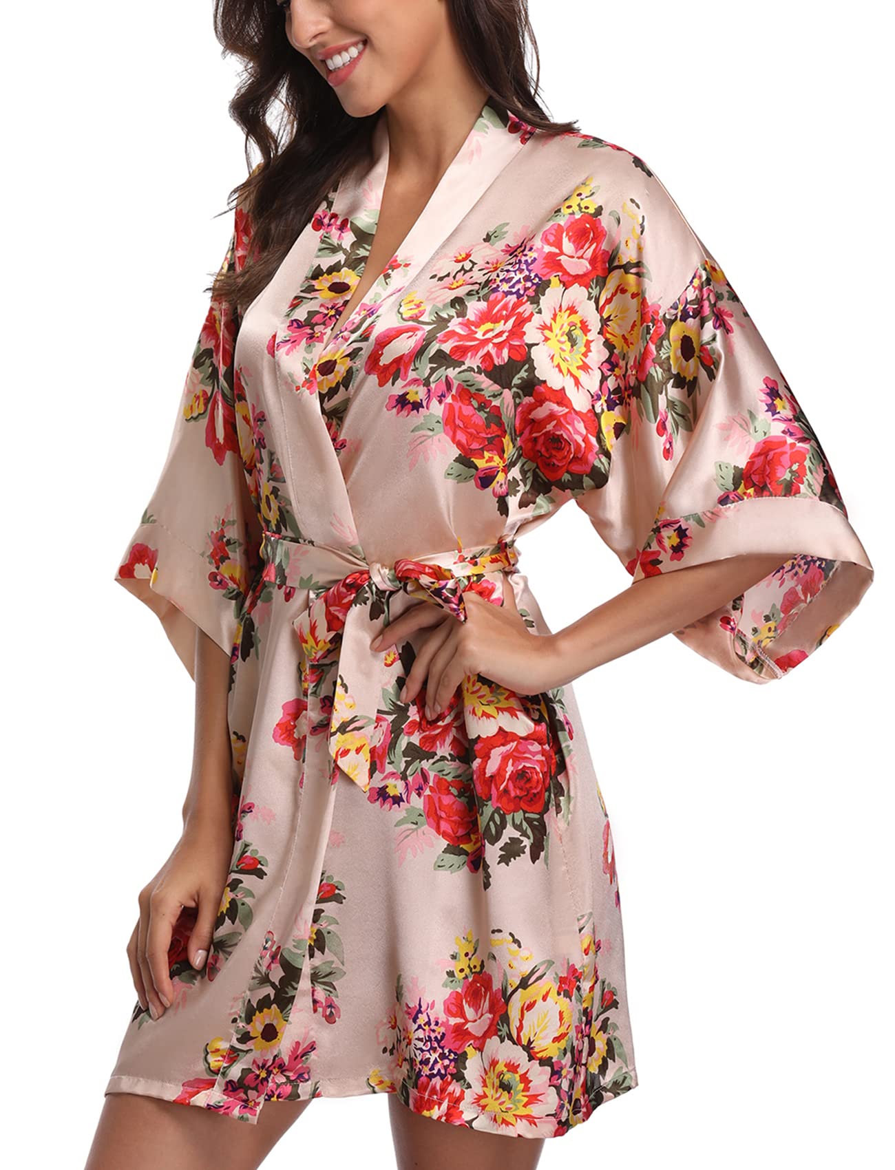 Women's Floral Satin Robes Bride Bridesmaid Getting Ready Robe Short Silky Kimono Sleepwear for Wedding Party
