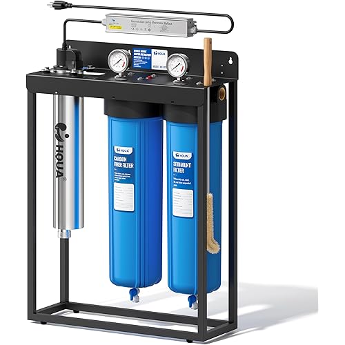 HQUA WF3-03 3-Stage Free-Standing Whole House Water Filtration System, UV Filter Included, Reduces Heavy Metals (Lead, Mercury, Copper, Nickel, Chromium), Chloramine, Sediment, Odor, and VOC’s