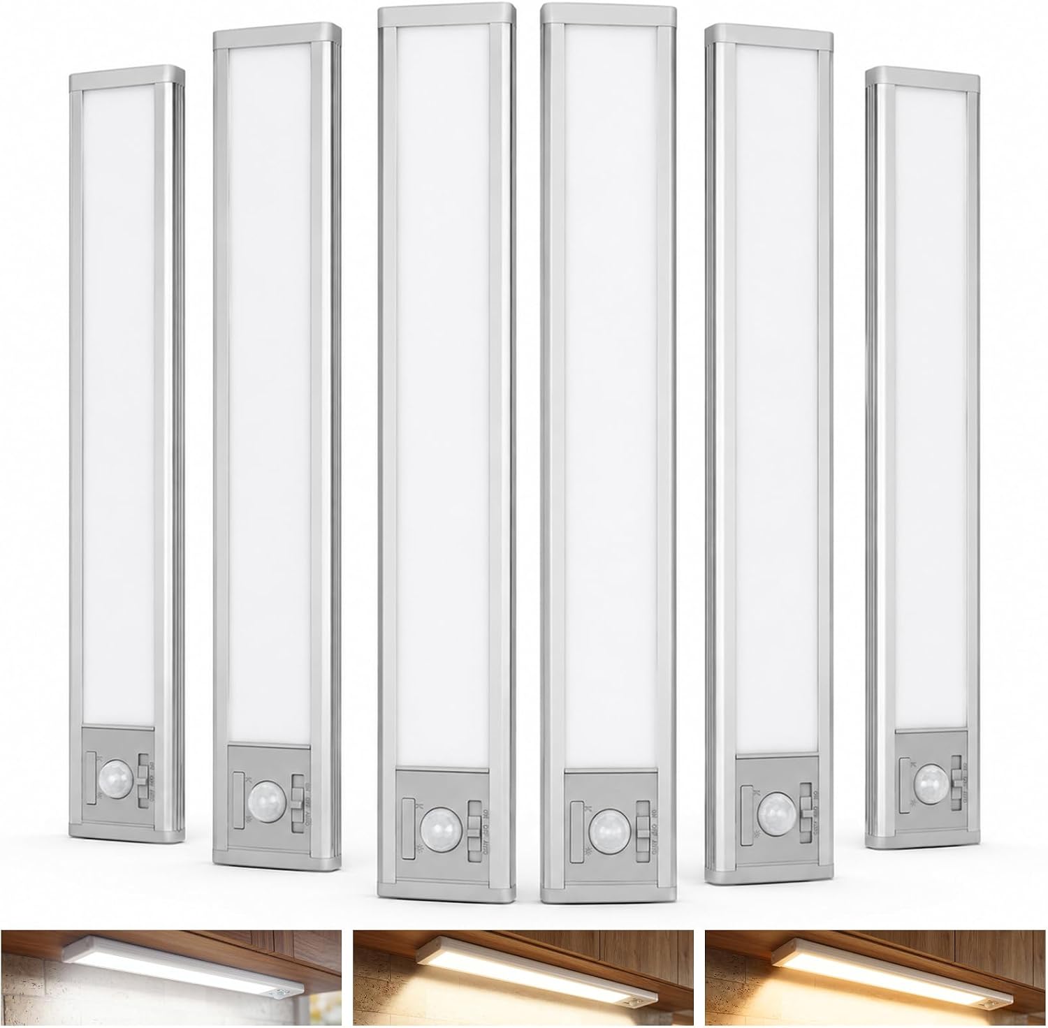 6Pack Aluminum Under Cabinet Lighting, 10inch Rechargeable Ultra-Thin Magnetic Motion Sensor Closet Lights, 3 Colors & Dimmable, USB-C Wireless Under Counter Lights for Kitchen, Pantry, Wardrobe