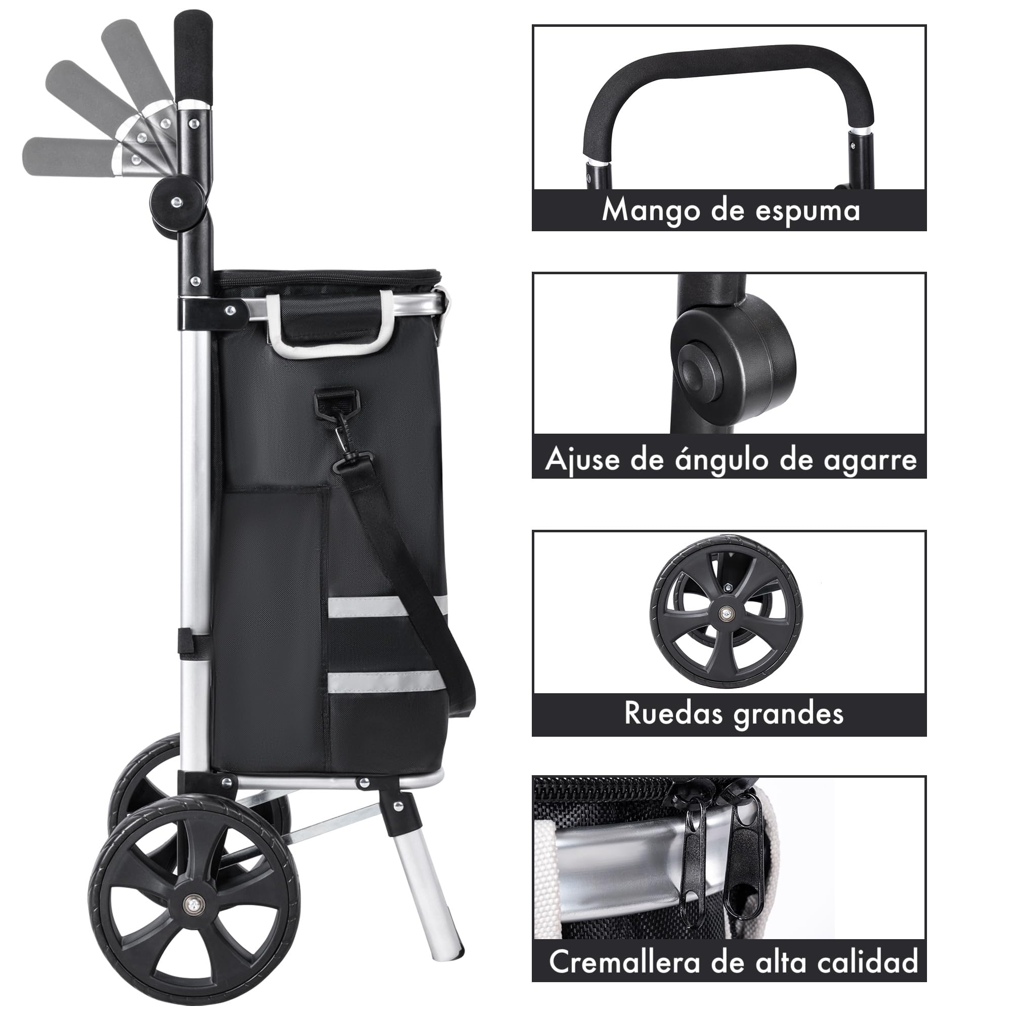 T-LOVENDO.ES Carro Compra Plegable Ruedas Grandes Aluminio Ligero Bolso Térmico Aislamiento Reflectante Bolsa Extraíble Transporte Fácil Ergonómico Resistente Compacto Multifunción Urbano