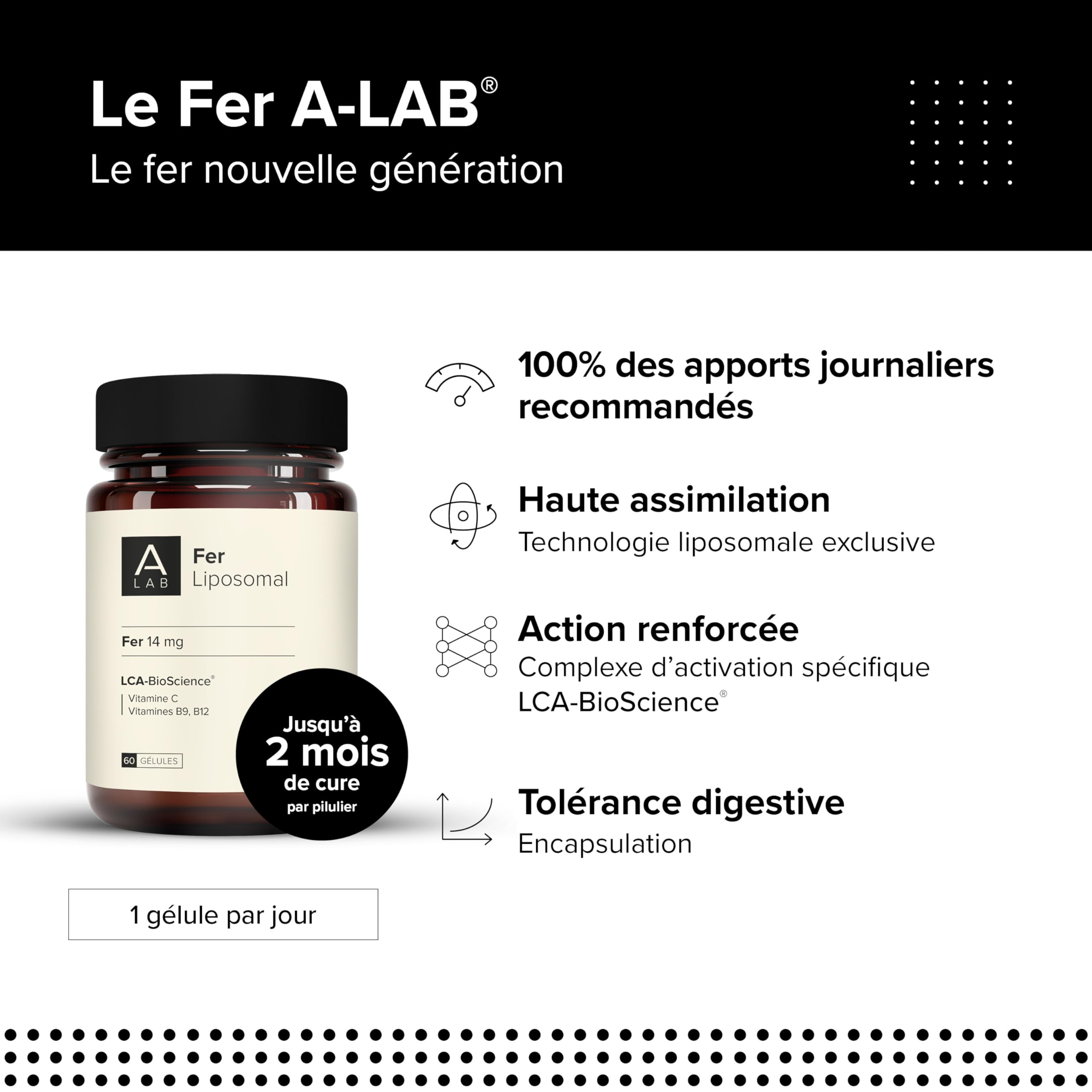 A-LAB Fer Liposomal 14 mg -Assimilation Renforcée - Complément Alimentaire Anti-Fatigue, Immunité, Carence, Energie - 60 jours de prise, Fabriqué en France