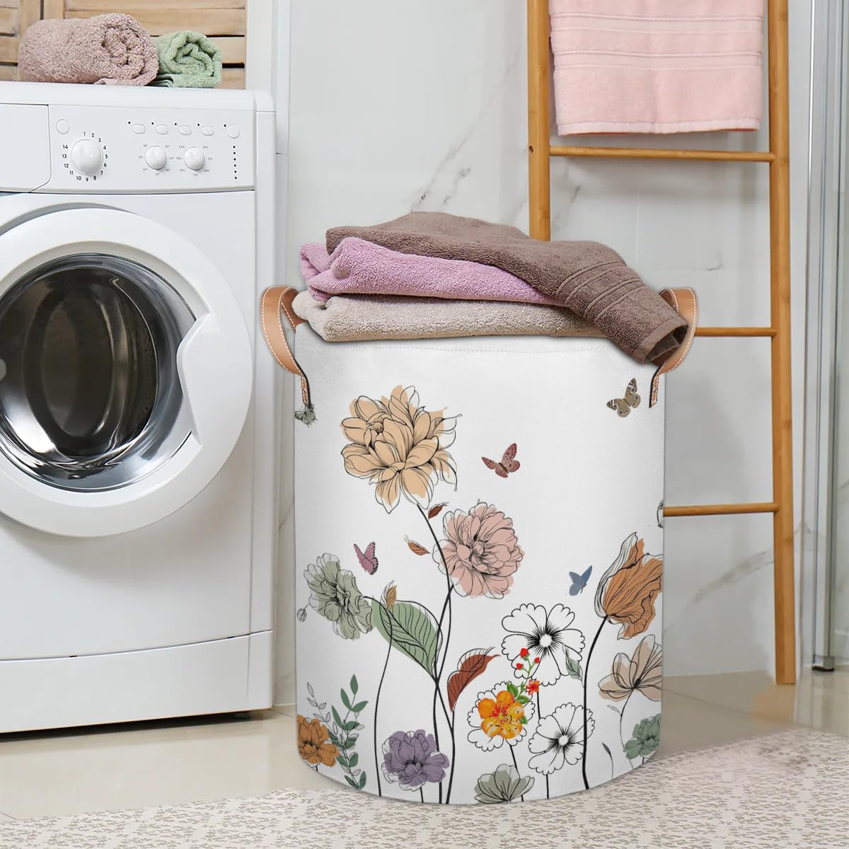 lakefvgk Laundry Basket, Simple Wildflower Floral Laundry Hamper with Handle, Dirty Clothes Hamper for Bedroom Living Room, Baby Hamper for Nursery