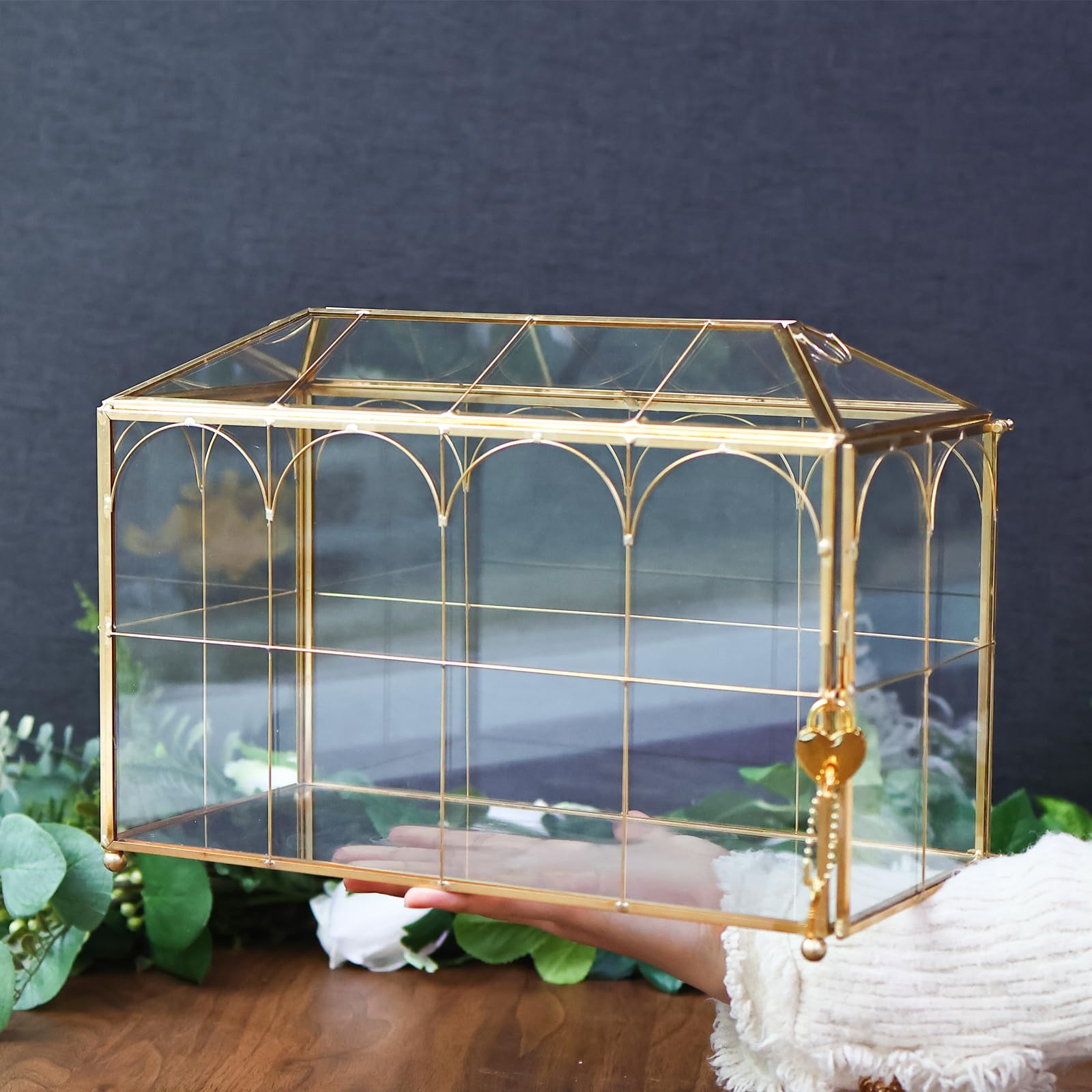 HighFree Hochzeitskarten-Glasbox mit Schlitz & Schloss, extra großes handgefertigtes geometrisches Terrarium, goldklare Display-Glaskarten-Box mit dekorativen Linien, für Hochzeitsempfang, Wunschgut,