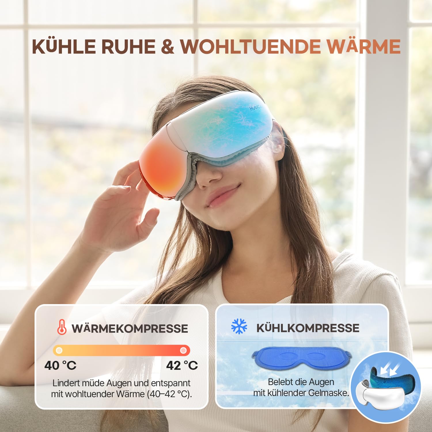 HuBDIC HubiCare Ultra Leise mit Doppel-Pad Augenmassagegerät, unter 28dB Wärme- und Kühltherapie, Luftkompressions-Augenpflegegerät für trockene Augen, Augenbelastung und Migräne-Linderung