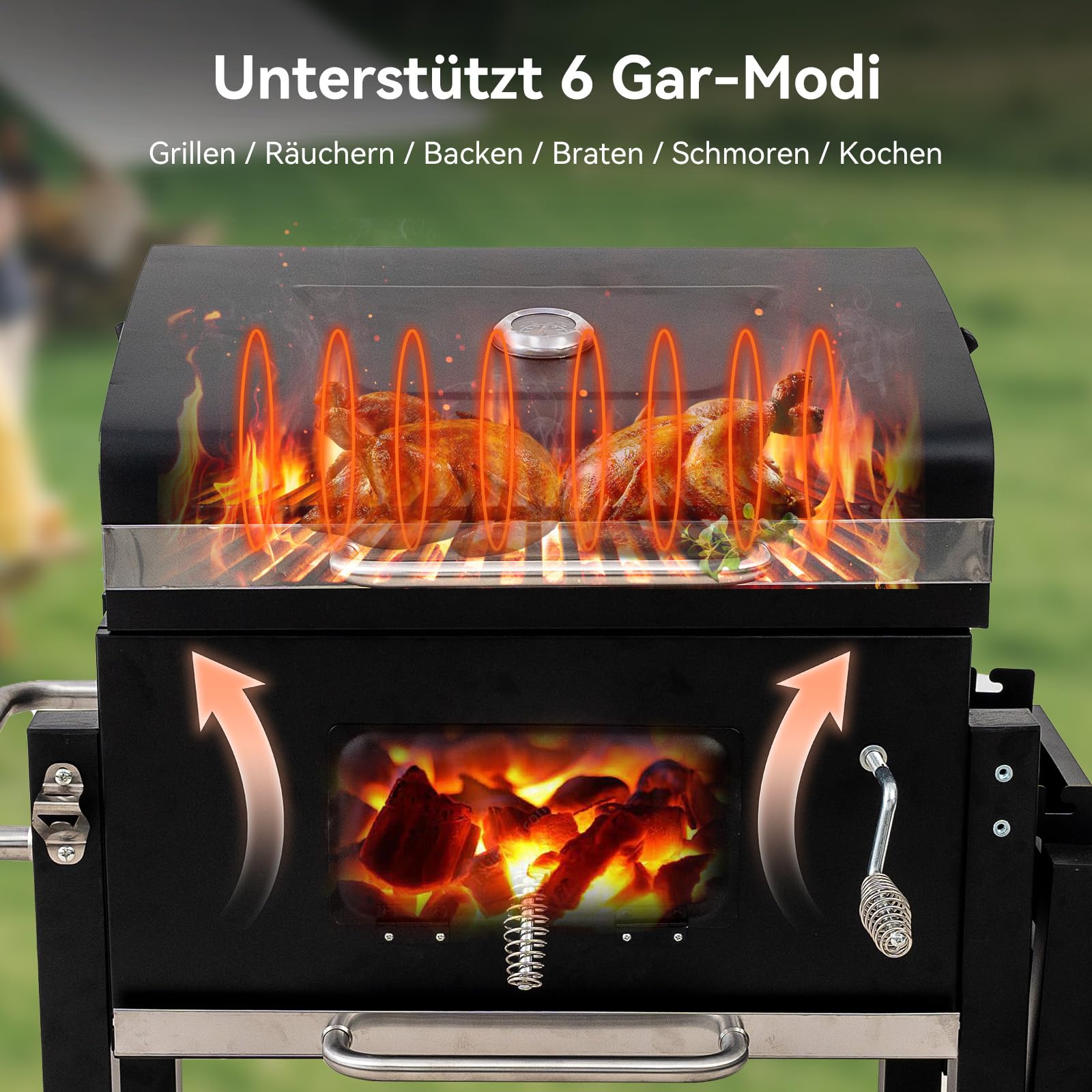 Holzkohlegrill, Grill mit Deckel, Grillfläche: 56×42.5 cm, Höhenverstellbare Kohlenwanne, Faltbarer Seitentisch, Mit Grillabdeckungen Wasserfest