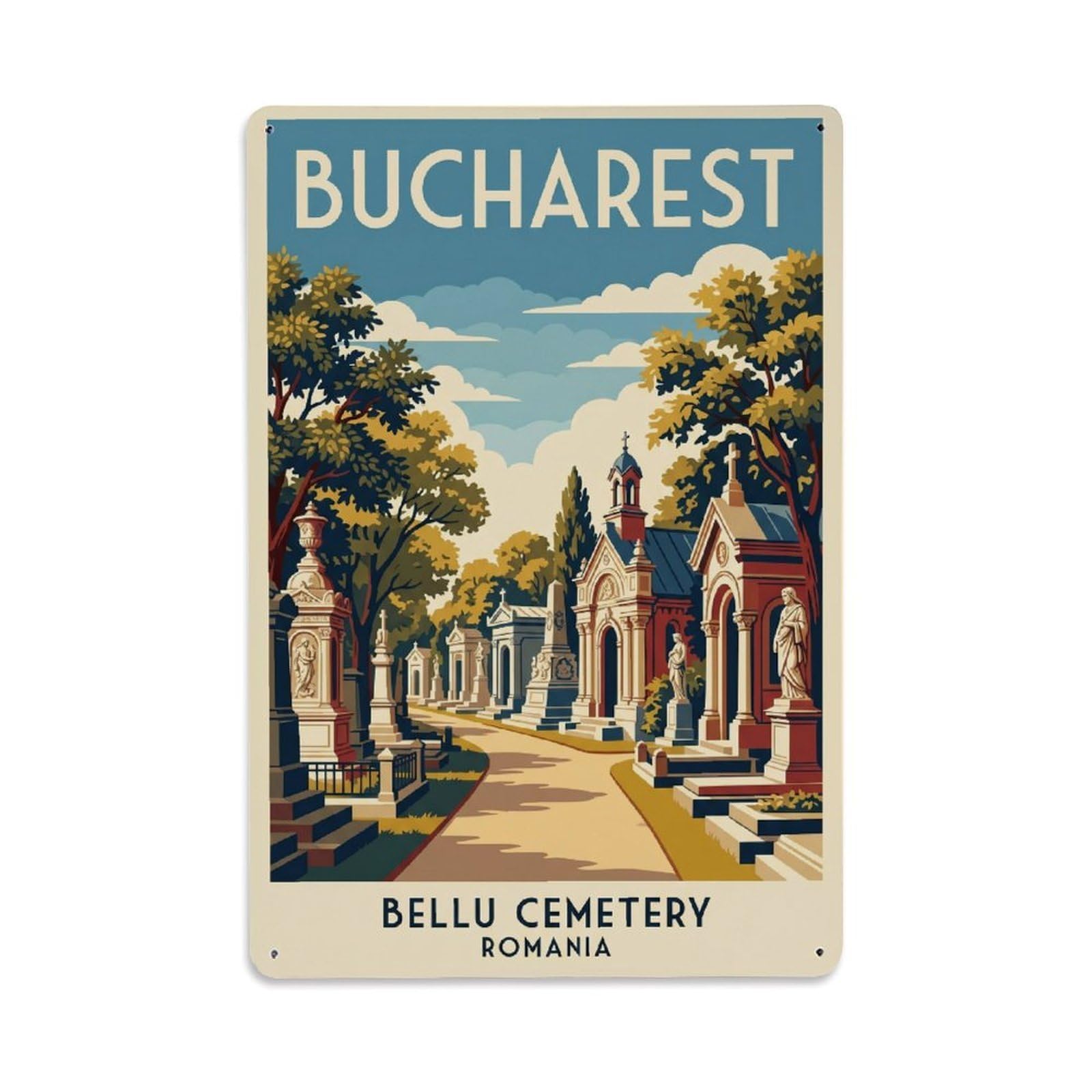 Vintage Travel Bucharest Bellu Cemetery Clean Romania Metal Tin Sign Plaque Wall Decor for Cafe, Club Bar, Office, Home Garden Metal Poster 8x12Inch