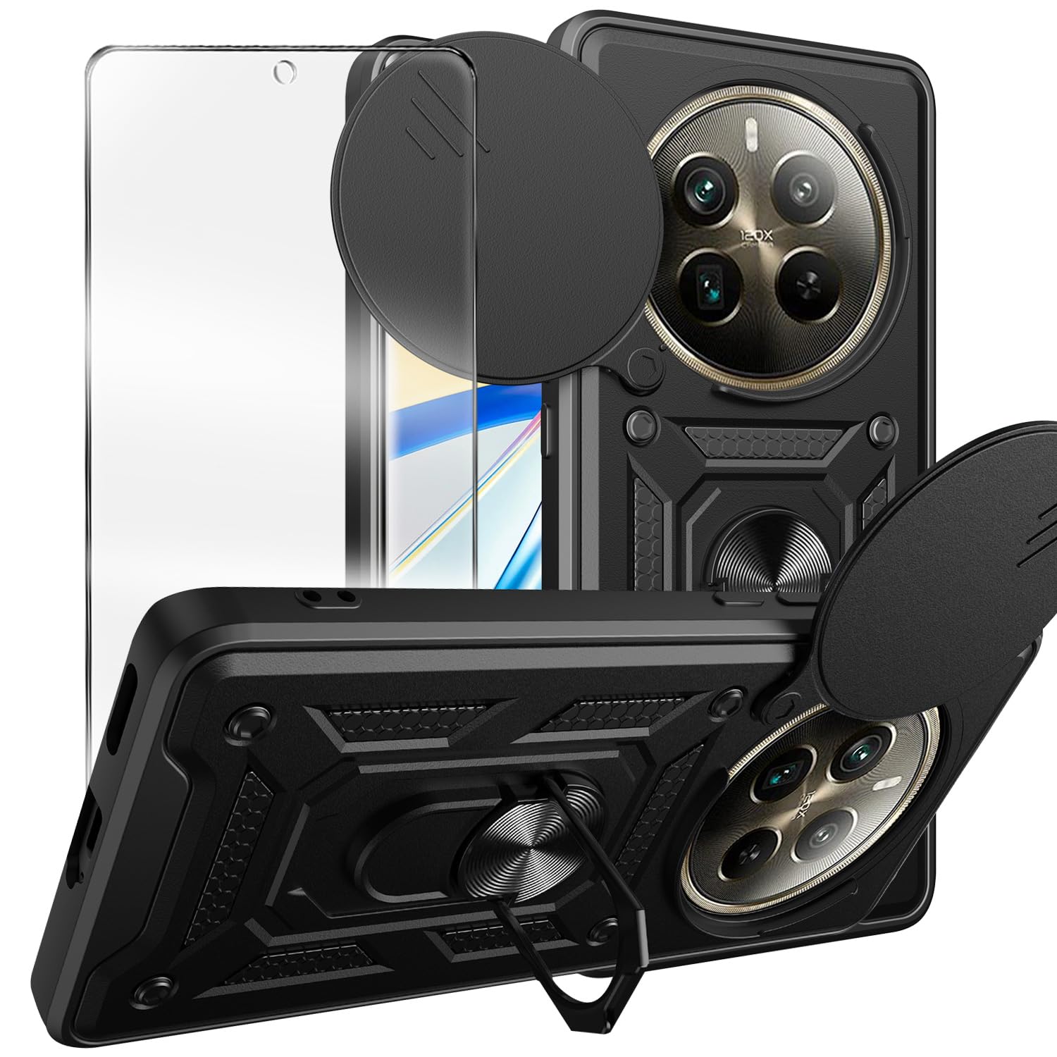 WBWONE Cover per Realme 12 Pro 5G / Realme 12 Pro+ Plus 5G, TPU/PC Antiurto Protettiva Custodia con Girevole Anello Staffa e Copertura Della Fotocamera Scorrevole, Grigio