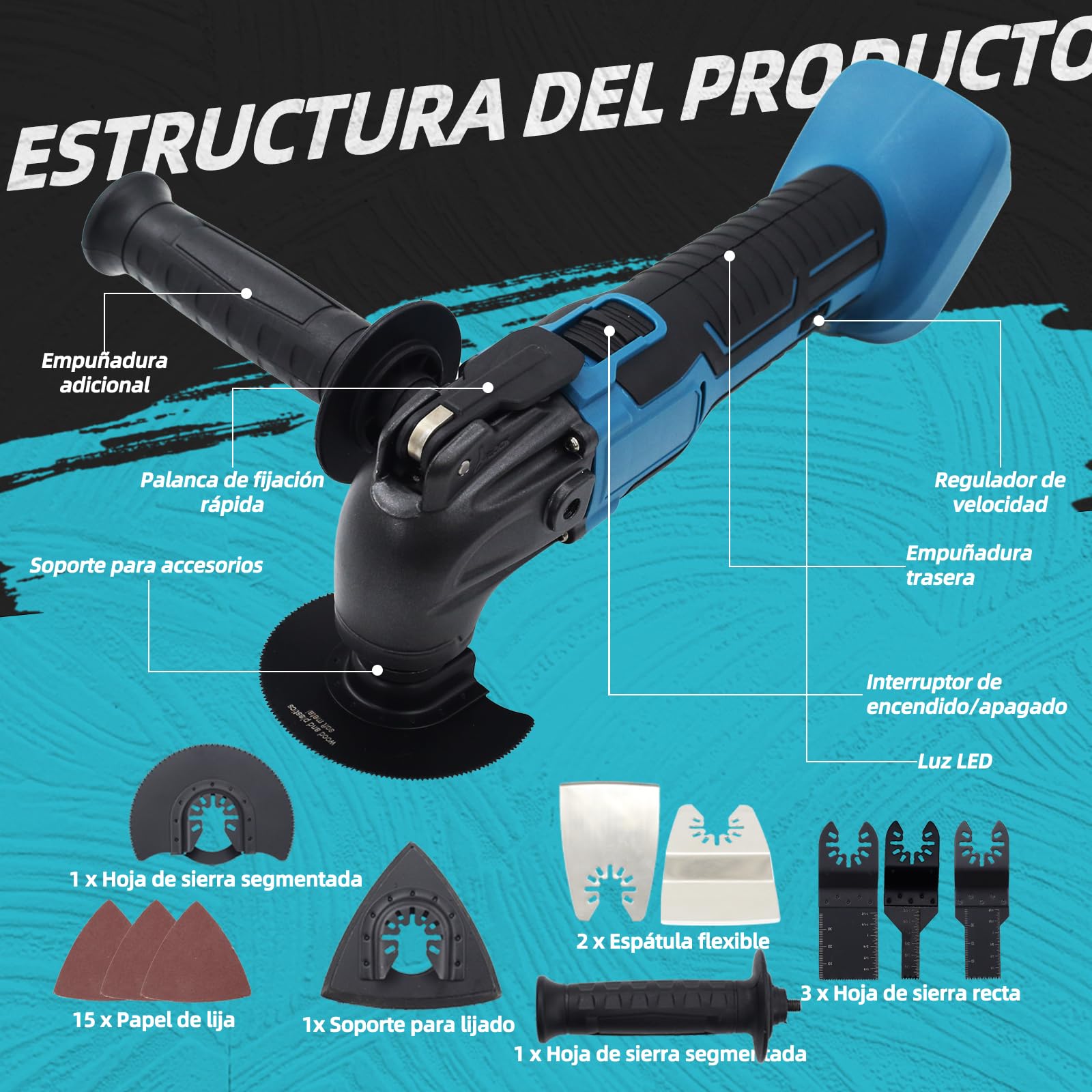 Multiherramienta inalámbrica compatible con Makita 18 V, herramienta oscilante de 6 velocidades con motor sin escobillas, lijadora y raspador, herramienta multifunción - Batería no incluida