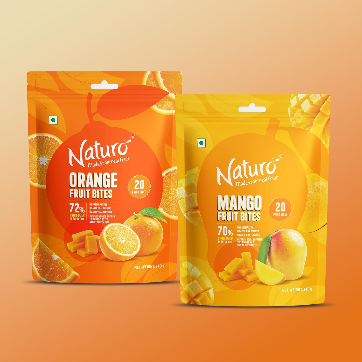 Naturo Fruit Bites Combo Pack – 20 Mango & 20 Orange Mini Bites | Fruity Snack Pouches |Pocket-Sized Treats
