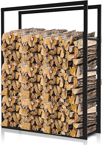 Ikodm Estantería para leña de chimenea interior y exterior, de metal, 80 x 25 x 100 cm, ayuda para apilar madera para chimenea y horno, soporte de madera para leña exterior, color negro