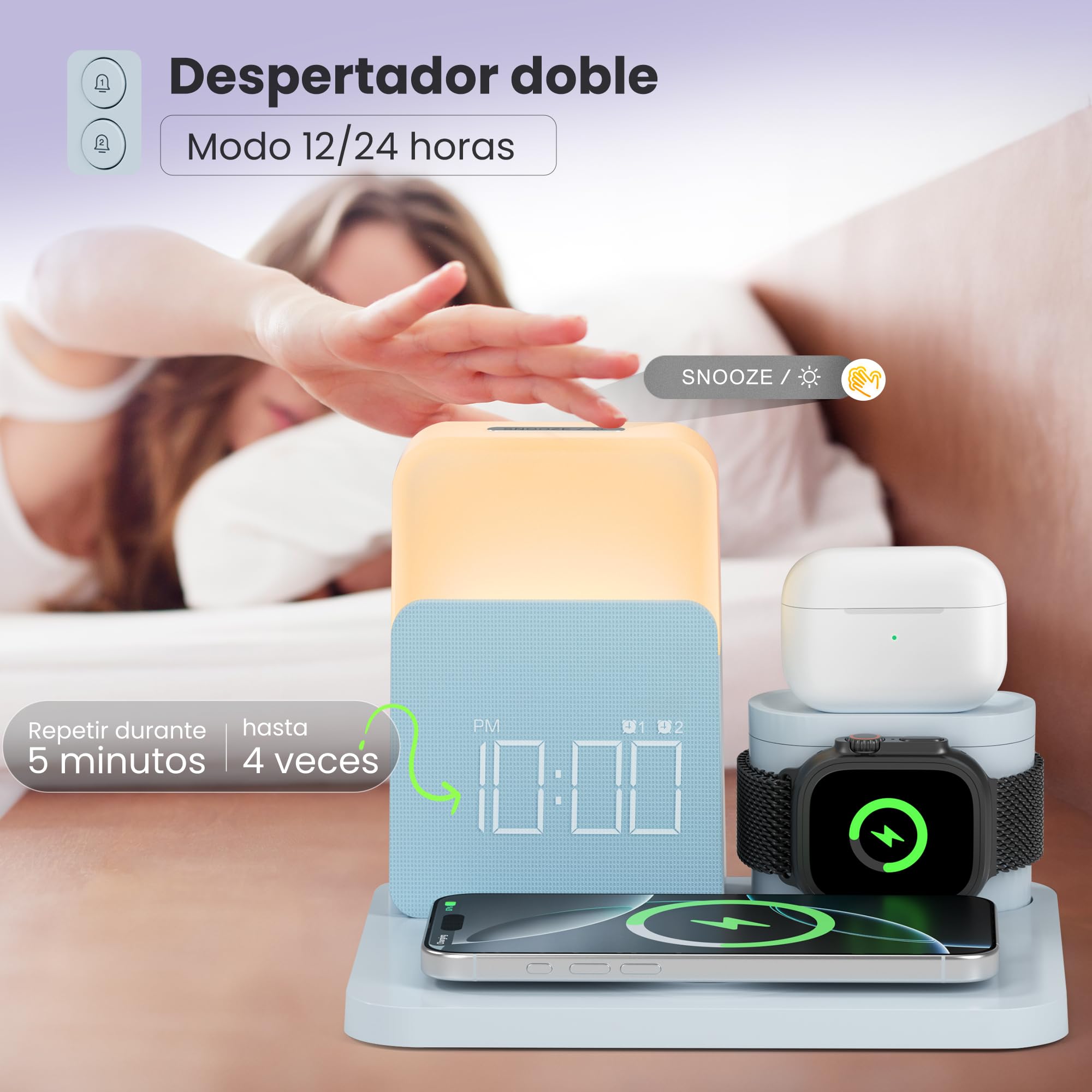 COLSUR Estación de Carga 7 en 1 para Apple Watch iPhone Airpods Cargador inalámbrico rápido de 15W para iPhone 17/16/15/14/13 lámpara de Noche con función de Carga Despertador Azul