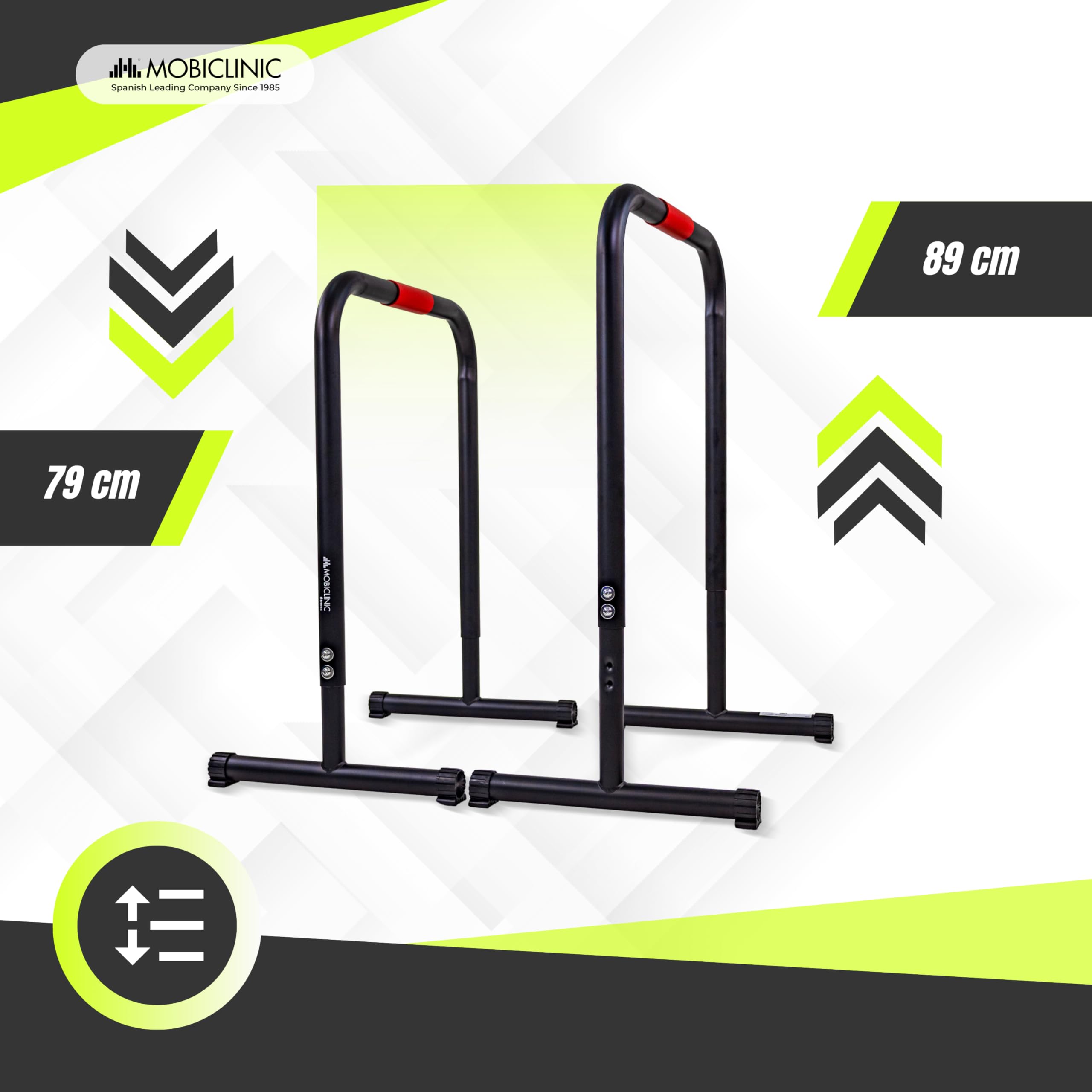 Mobiclinic®, Parallele Calisthenics, Regolabili, 2 Altezze 79-89 cm, Impugnature Antiscivolo, Piedini in Gomma, Acciaio Rinforzato, Dip, Flessioni, Plank, Funzionali, Twins