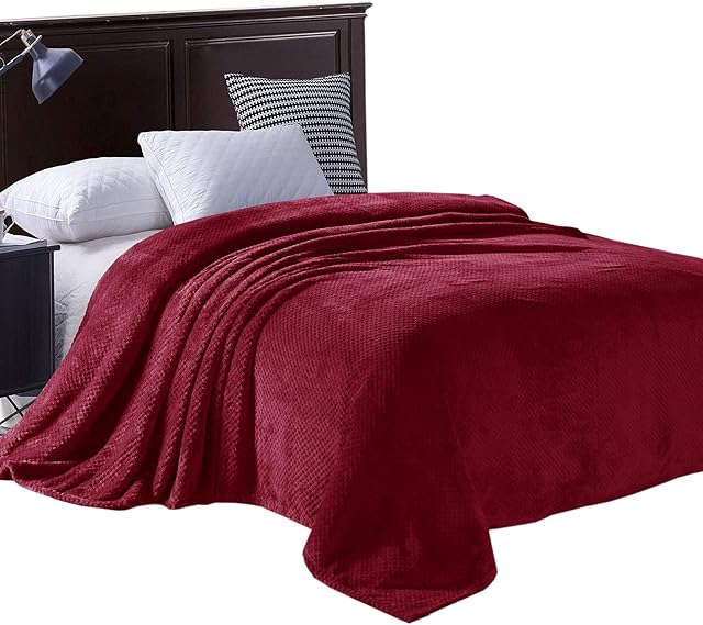 Exclusivo Mezcla King Size Flannel Bed Blanket, 230x265 CM Soft Waffle Fleece Blanket, Velvet Plush Blankets as Bedspread/Coverlet/Bed Cover, Burgundy Blanket
