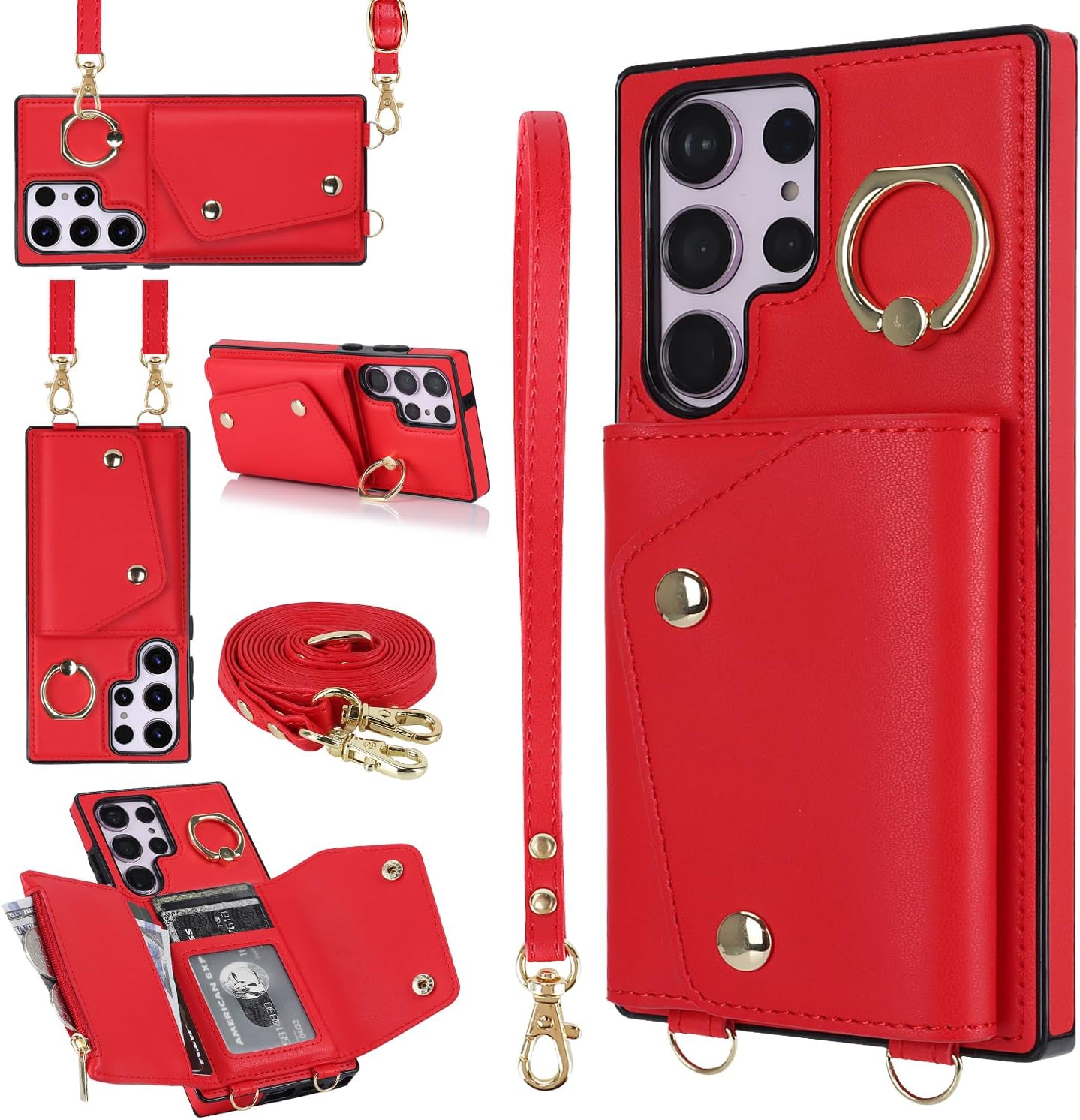 UEEBAI Crossbody Wallet Case for Samsung Galaxy S24 Ultra 5G, Card Slot Phone Case with Zipper Pocket Kickstand Purse Hand Strap Cover with Removable Crossbody Wrist Strap Flip Case - Red