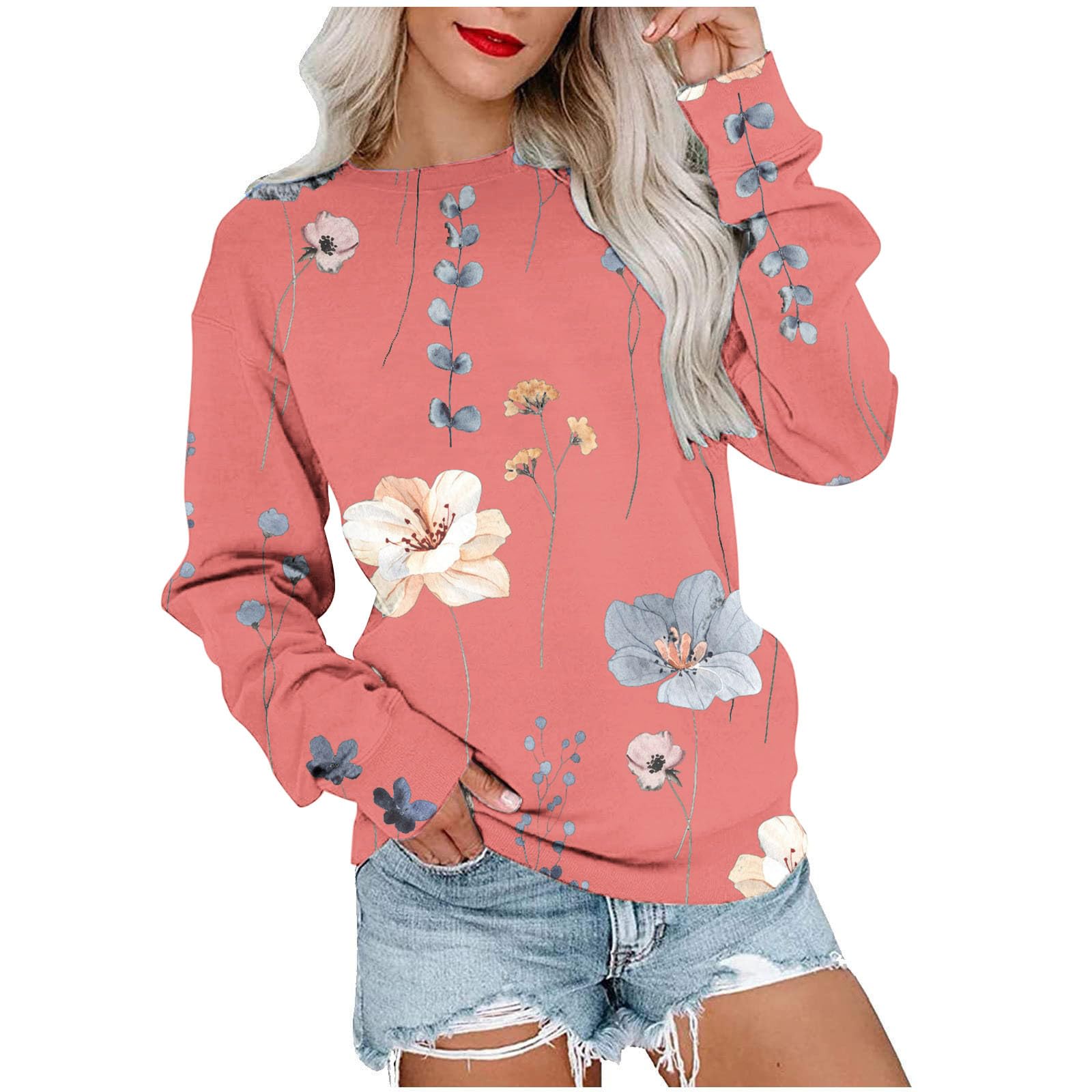 ZCVBOCZFall Sweatshirts For Women Casual Floral Print Round Neck Blouses Long Sleeve Loose Comfy Sweatshirts 2023