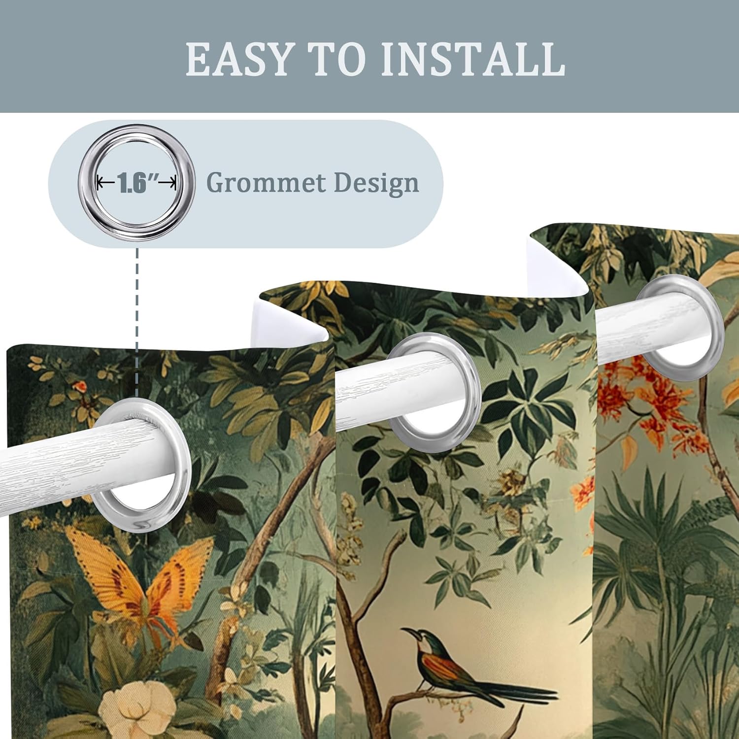 Tropical Forest Curtains for Bedroom Decor, 72 Inches Long, Vintage Botanical Bird Pattern Design Blackout Drapes, Tropical Forest Curtains for Living Room, 2 Panels Set