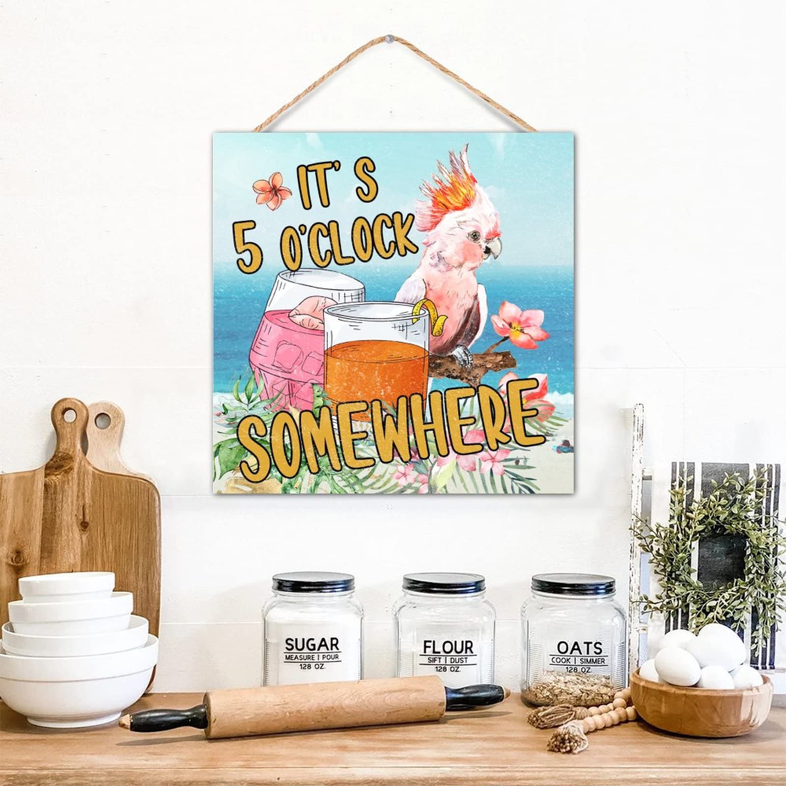 Panneau mural bois It's 5 O'Clock Somewhere vintage perroquet et flamant rose 30cm