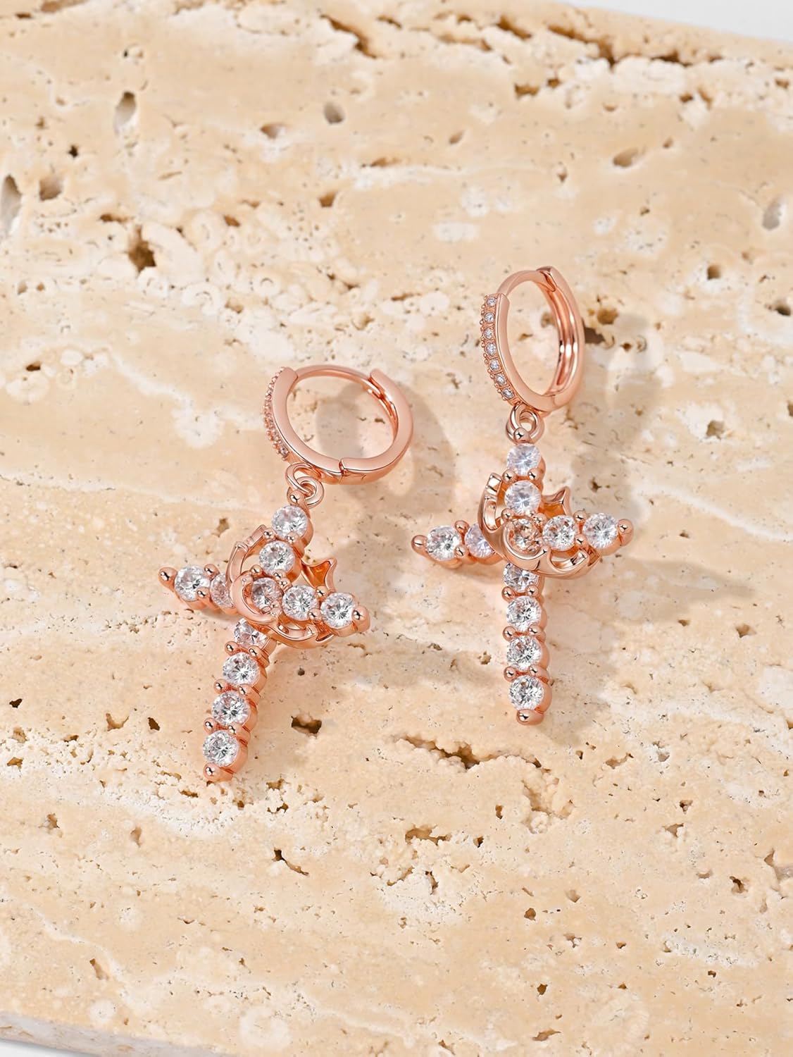 Hersin Crown Cross Earrings for Women 18K Gold Plated Diamond Drop Dangle Cross Hoop Earrings Small CZ Huggie Hoops Faith Cross Jewelry Gifts for Women Men - Image 6