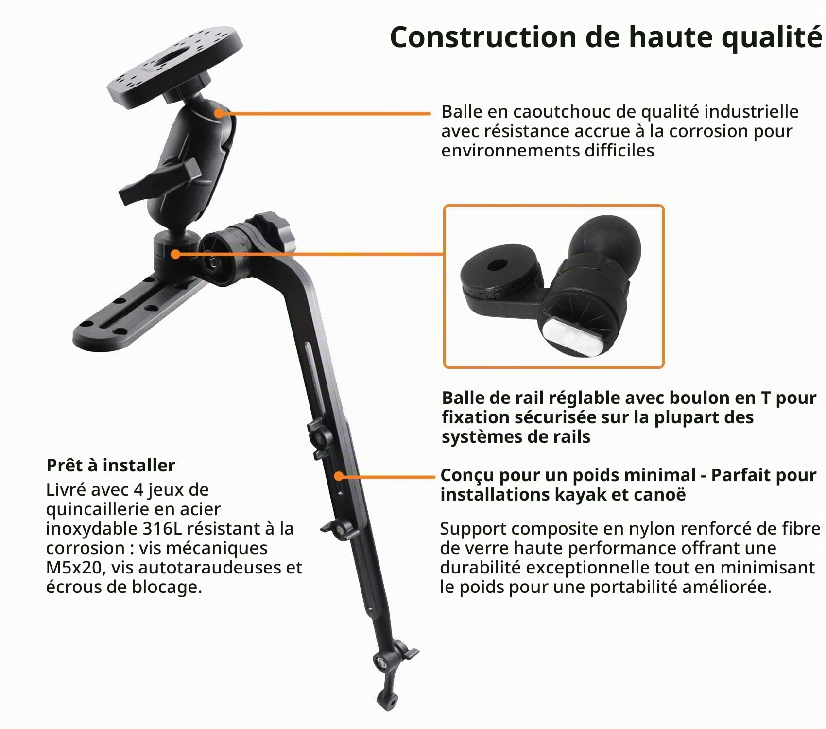 Support de sondeur de poisson avec bras de sondeur et support de montage réglable compatible avec Garmin, Lowrance, Humminbird