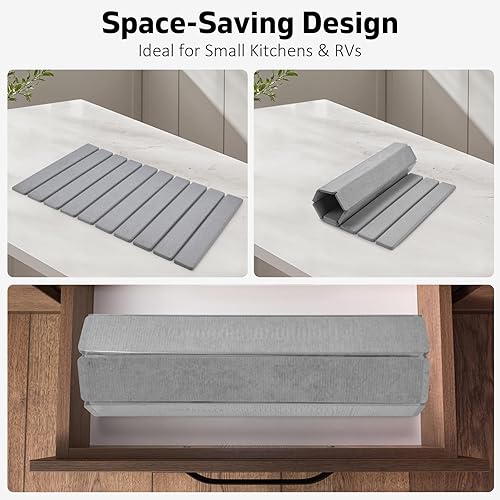 Vista 4 de Tapete grande de secado de platos de piedra para encimera de cocina, 24 x 16 pulgadas, tapete plegable de secado rápido de platos, tapete de tierra