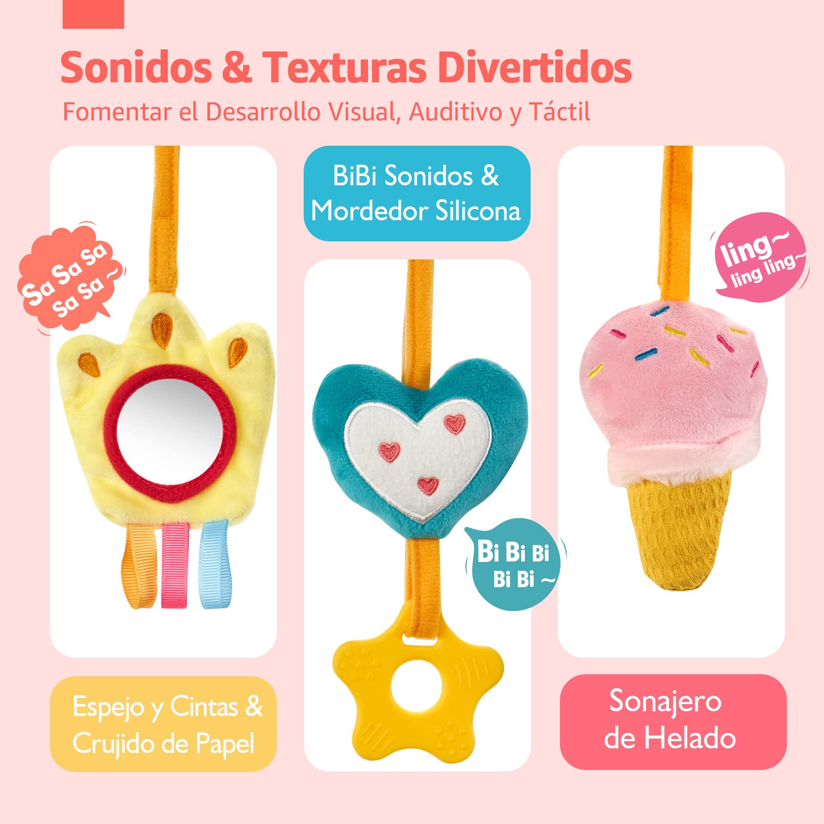 hahaland Colgantes para Cochecitos Juguetes Bebes 0 3 6 12 Meses, Espiral Actividades Juguetes Colgantes con Mordedor y Sonajero, Suave Peluches para Bebes Niños y Niñas Regalos Originales