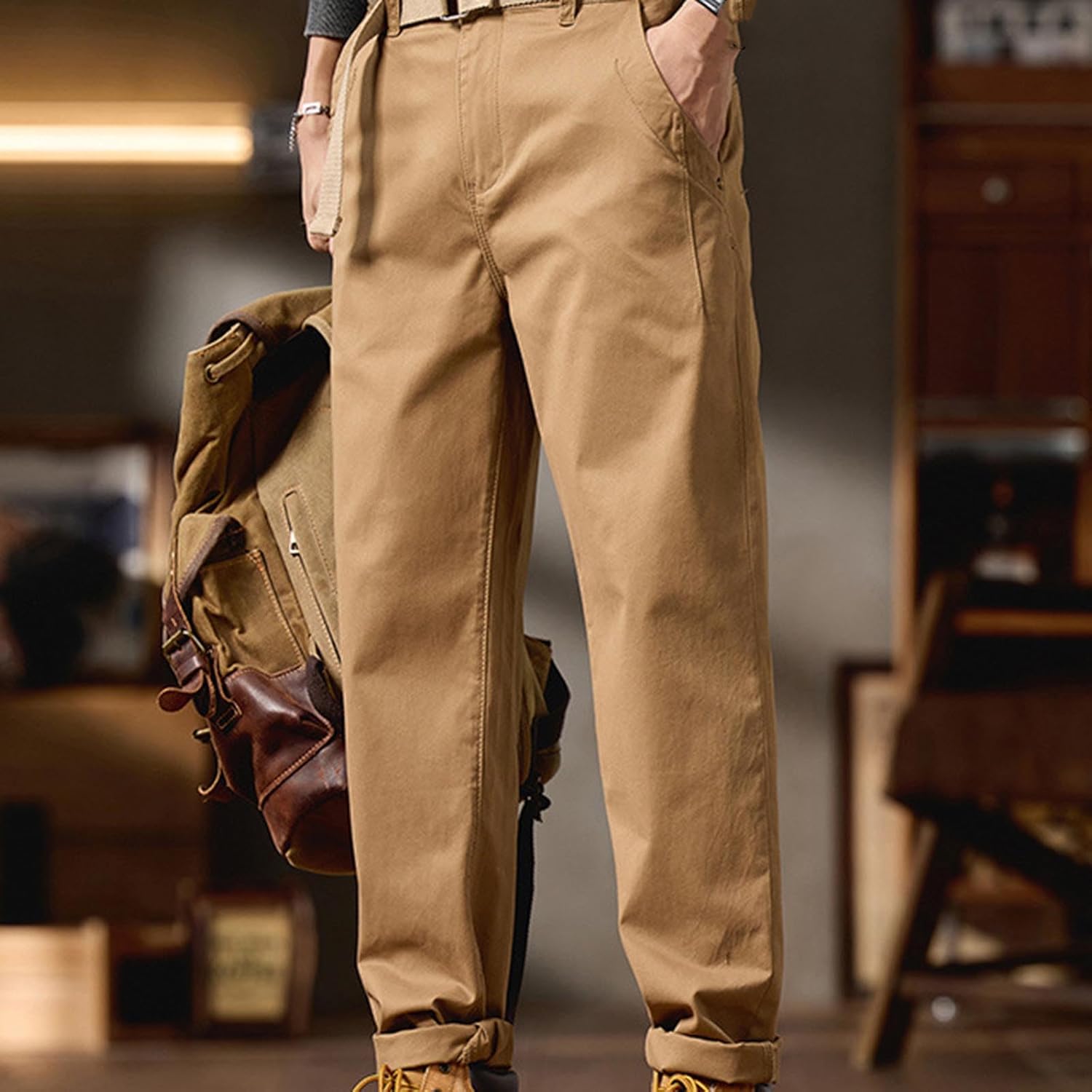 Casual Cotton Cargo Pants for Men Vintage Straight Leg Sweatpants Trendy Hiking Workout Workwear Trousers with Pocket