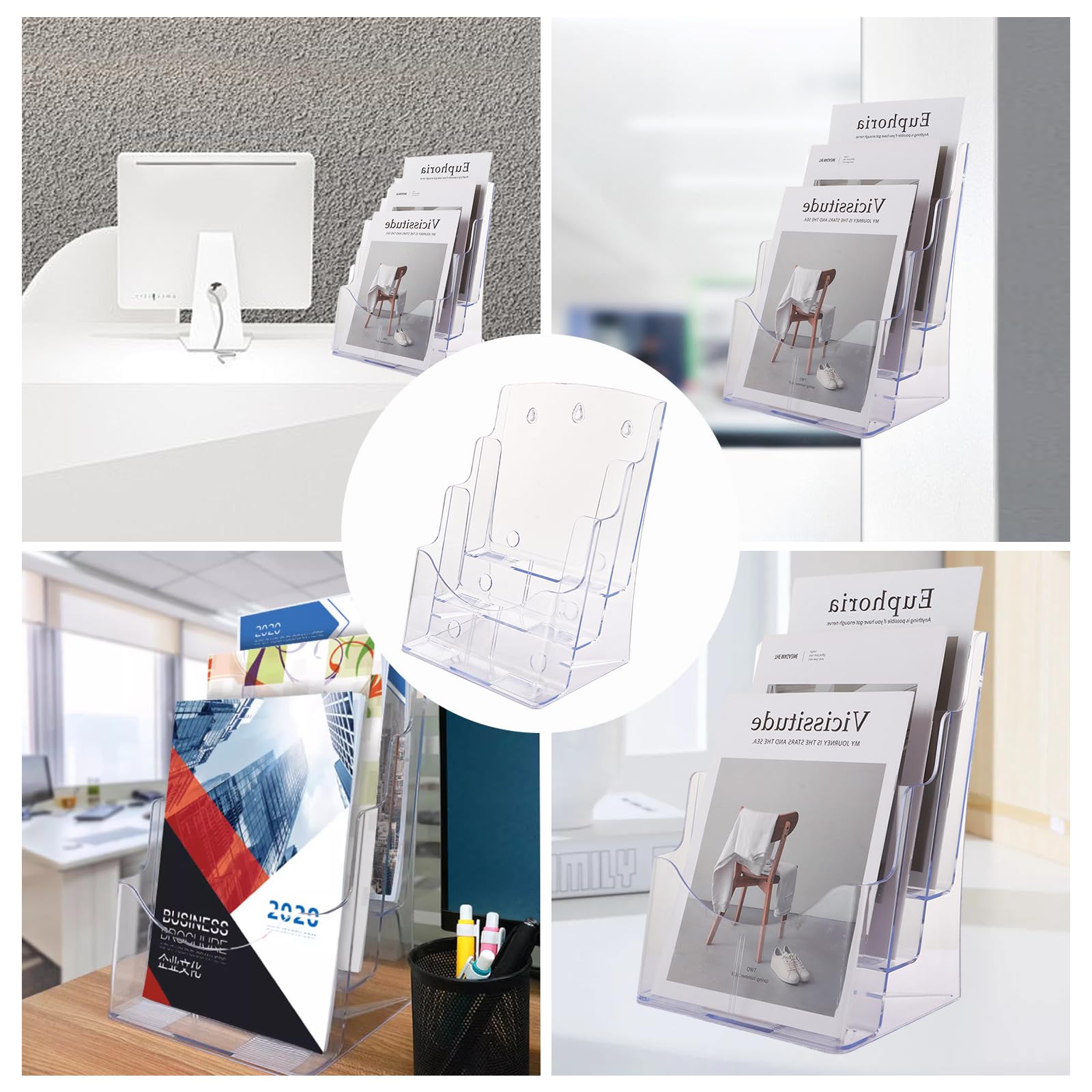 2 supporti per brochure A4, 23,5 x 20 x 34 cm, supporto per opuscoli A4, 3 ripiani, supporto da parete o da scrivania, per letteratura, opuscoli, menu, volantini, riviste
