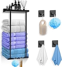 CUBTEM Toalleros de Baño sin Taladro,Toallero Adhesivo Negro con 4 Ganchos Adhesivos para Pared,Colgador Toalla Baño Extensible con Estante,para Pegar en la Pared del Caravanas Cocina y Baño,38-75 cm