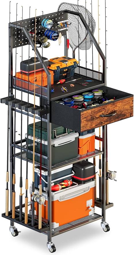 Fishing Rod Holder Organizer with Drawer & Hooks