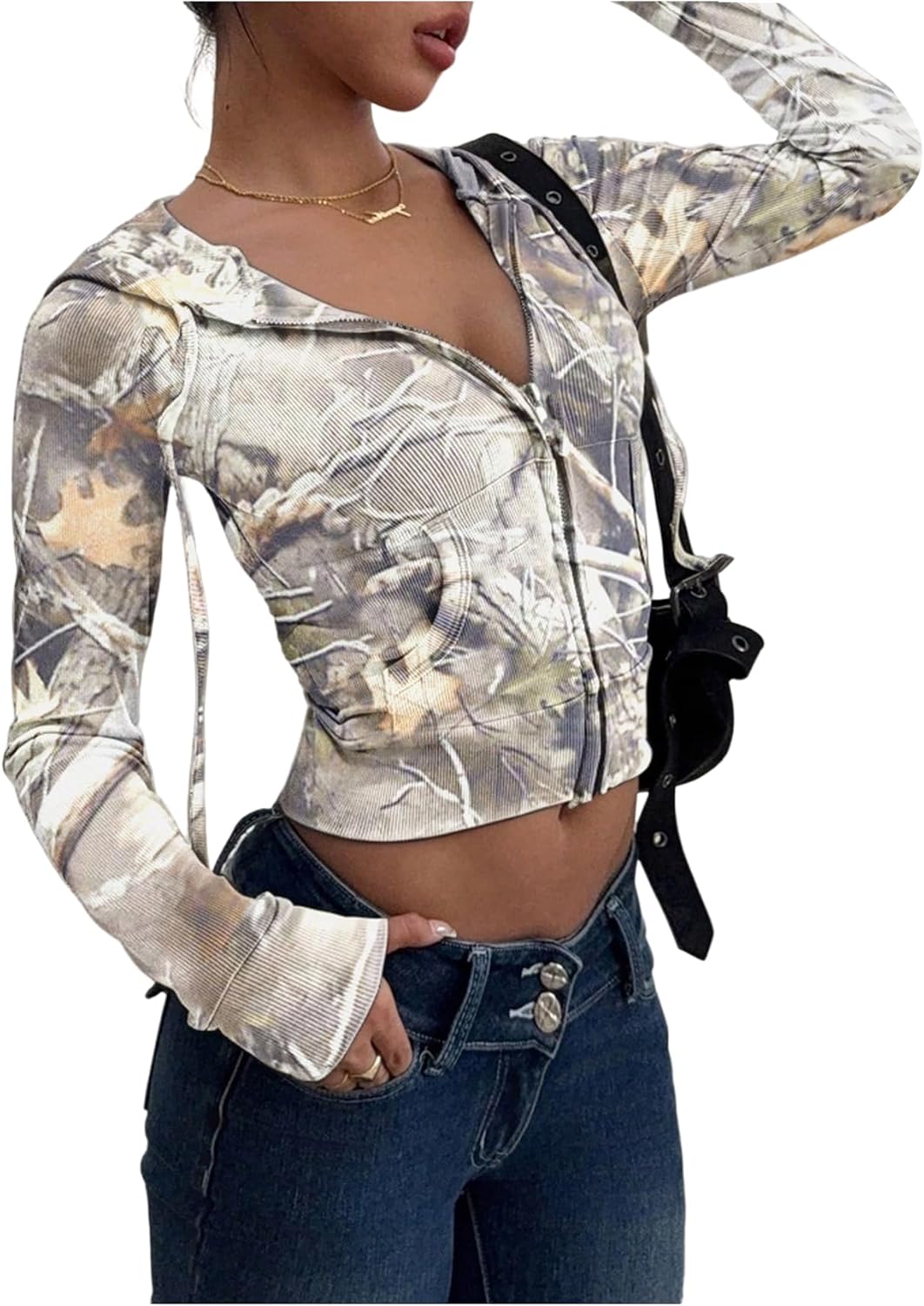 SOLY HUX Women's Camo Hoodie Zip Up Drawstring Long Sleeve Cropped Hooded Sweatshirt Y2k Vintage Jacket Streetwear