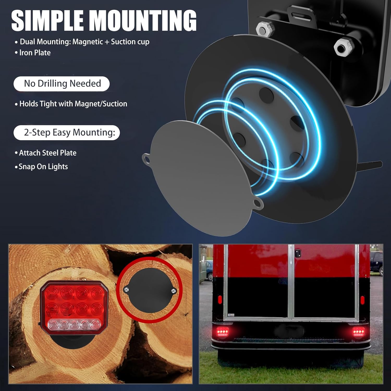 Wireless Trailer Lights, 4-in-1 LED Tail Lights with Emergency Strobe - Brake/Turn/Reverse, Magnetic & Suction Cup Mount for Trailers, Trucks, RVs, Boats