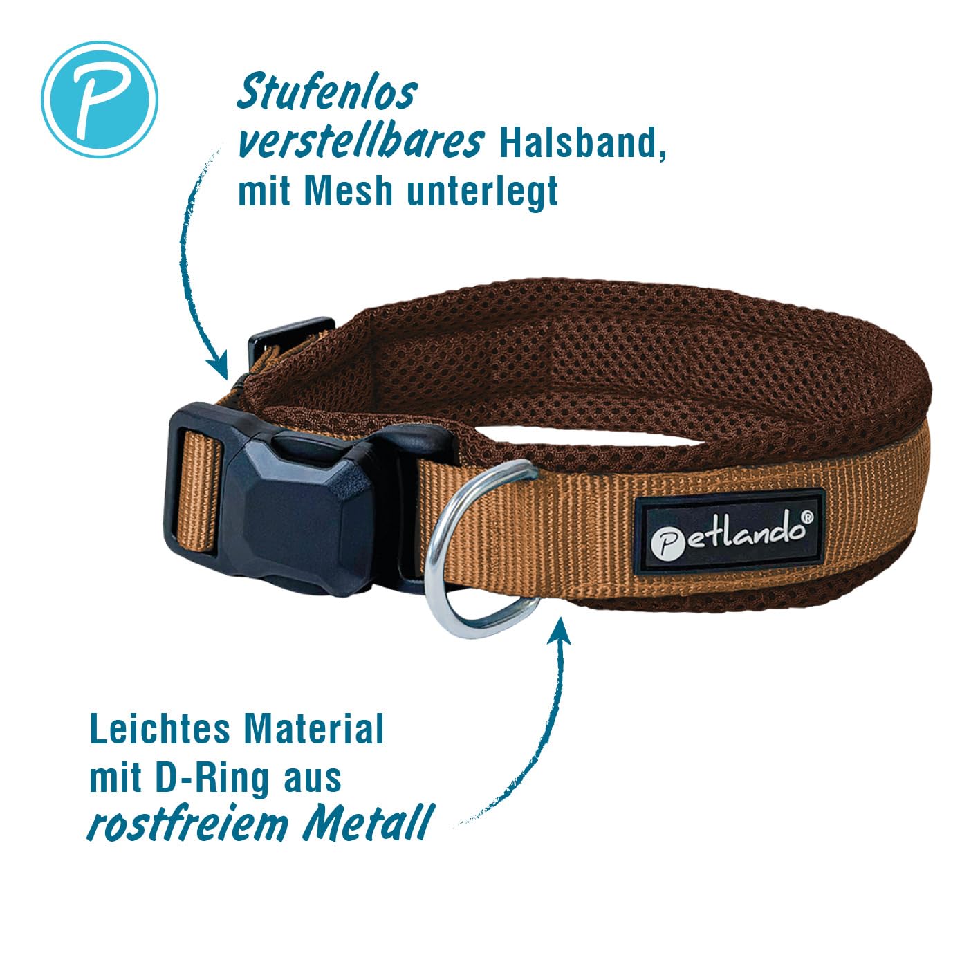 Petlando Hundehalsband mit innovativer Magnet-Schnalle, stufenlos verstellbar, weich gepolstert mit Mesh, atmungsaktiv, D-Ring, Magnetech Halsband für sehr kleine Hunde Mokka/Cognac, XXXS