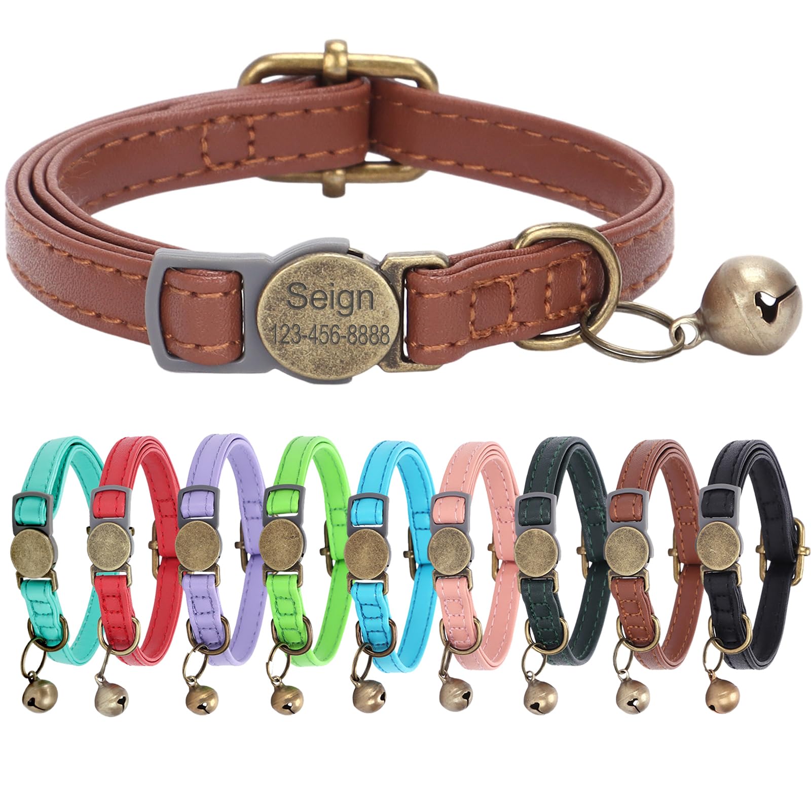Comfluxe Cat Collar Breakaway, Personalized Leather Cat Collar with Bells-Adjustable Customized Collar with Name & Phone Number Tag for Girl Boy Cats
