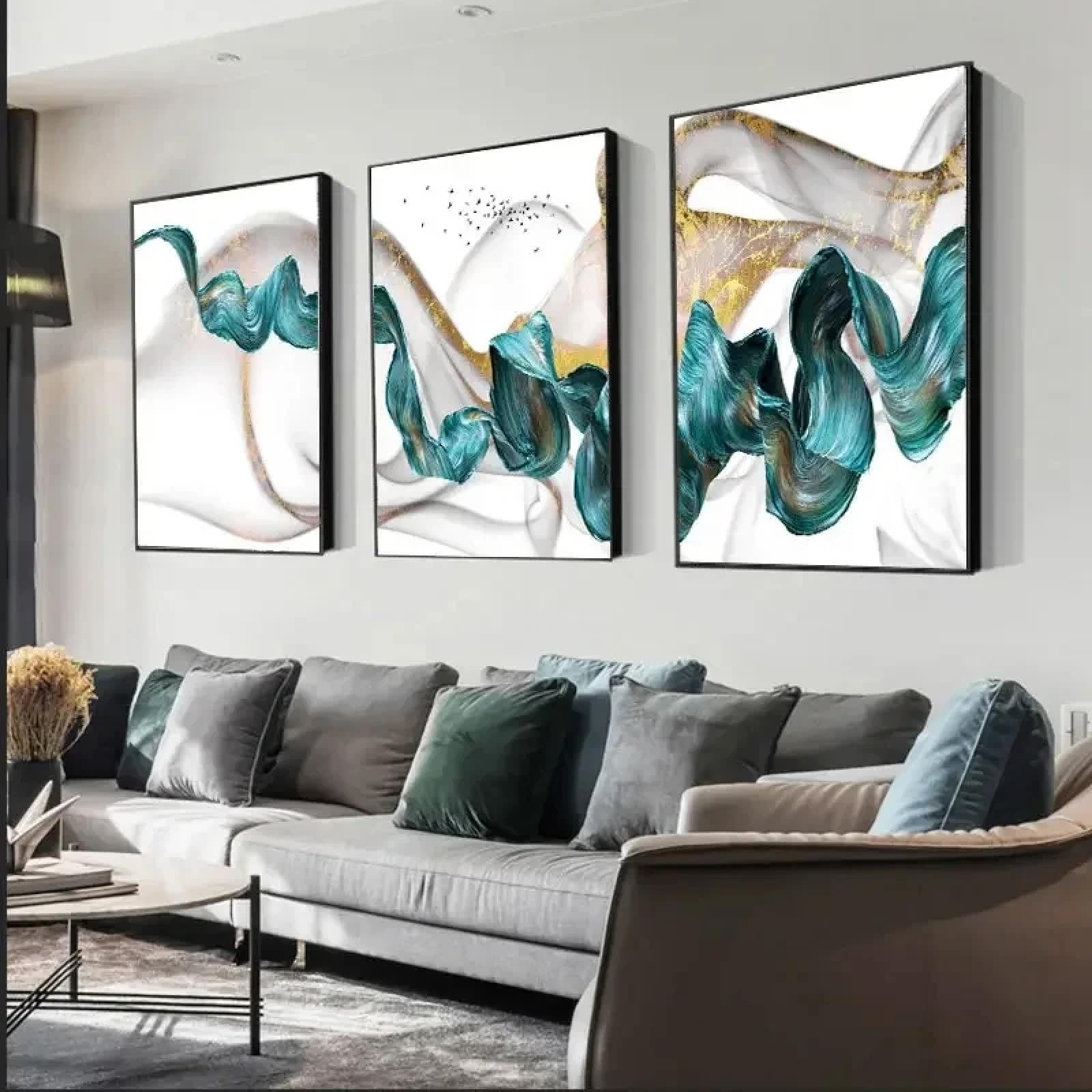 LSYALUCK Leinwandgemälde, abstrakt, blau, grün, Band, Poster, Druck, modisch, luxuriös, Wandkunst, Bild, nordisches Zuhause, Wohnzimmer, Dekoration, 40 x 50 cm (16 x 20 Zoll) x 3 Innenrahmen
