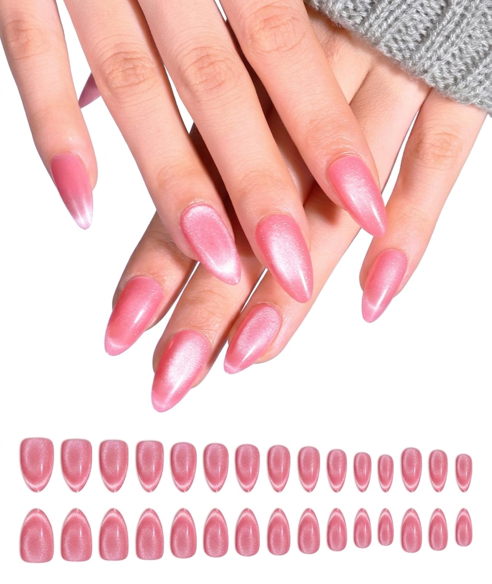 30 PCS with Easy Application, Press On Nails, Cat Eye Peach Pink Design, Long Lasting Wear for Daily Use and Special Occasions, Zero Point Zero One Inch Thickness-image-19
