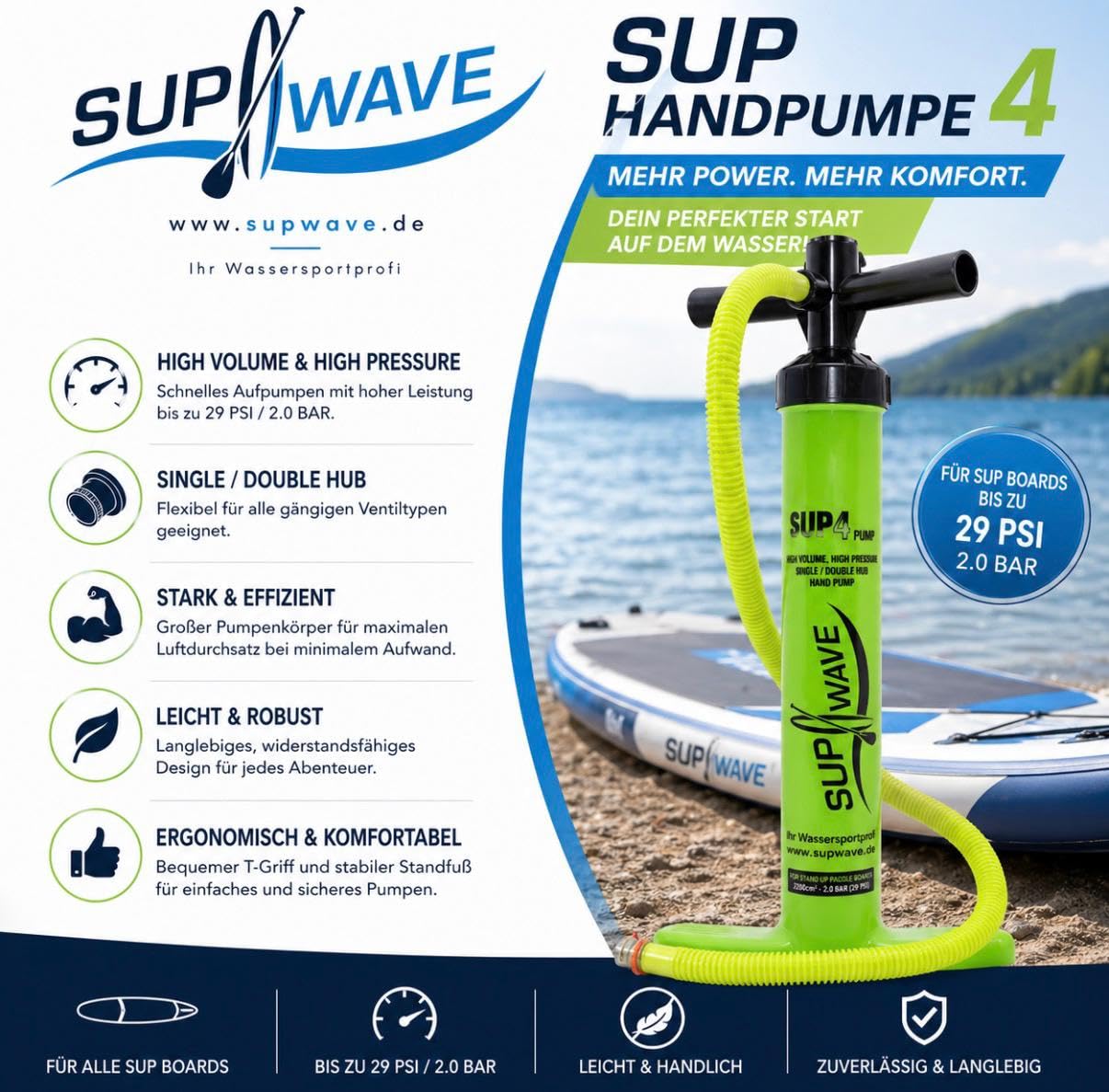 SUPwave SUP -4 Doppelhub Handpumpe mit Manometer - SUP Pumpe Bravo bis 29 PSI / 2 Bar High Big Volume Doppelhubpumpe