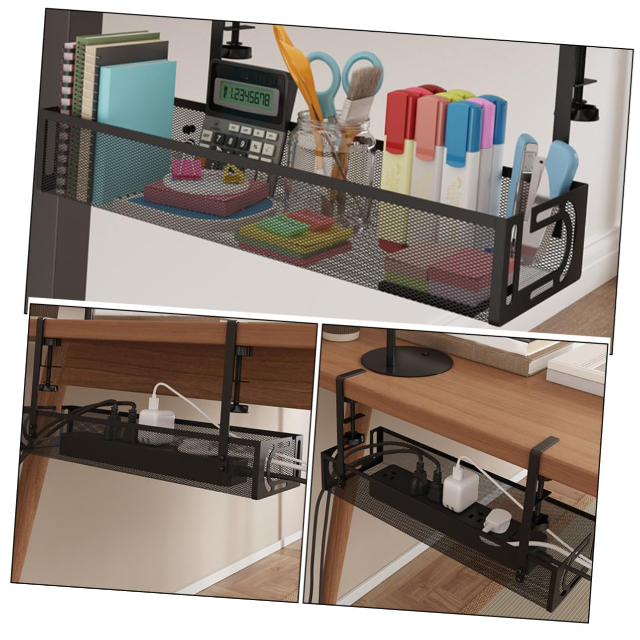 Organizador de Cables bajo Escritorio Resistente y Multiusos Bandeja de Almacenamiento para Cables Regleta y Cargadores Soporte Negro para Oficina y Hogar