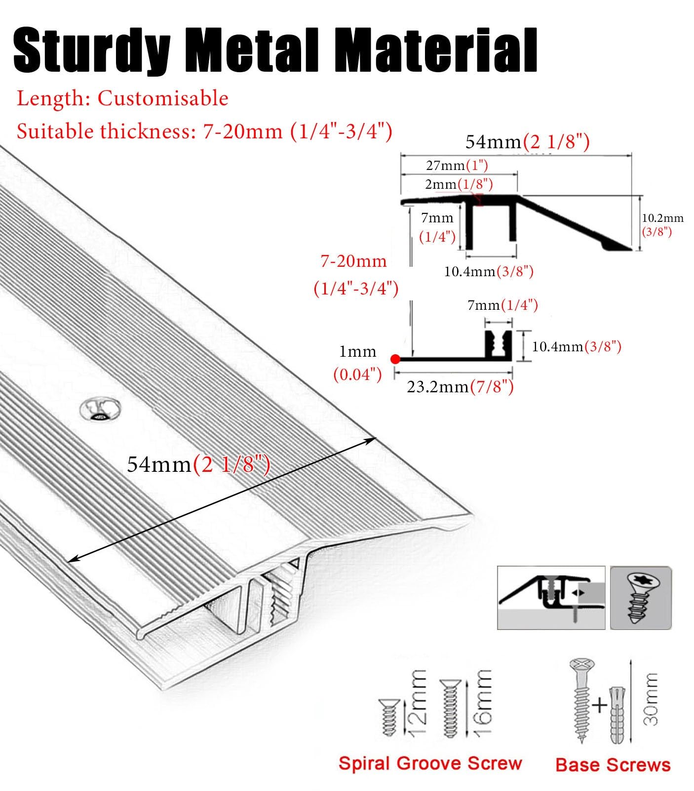 Tira de umbral de Aluminio Impermeable - Tira de transición de 42/54 mm de Ancho for Suelos Irregulares, fácil instalación(130cm 54mm)