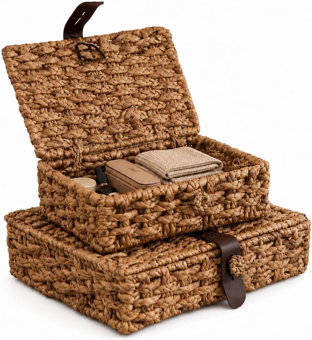2Pcs Decorative Box, Wicker Basket with Lid, Water Hyacinth Basket for Home