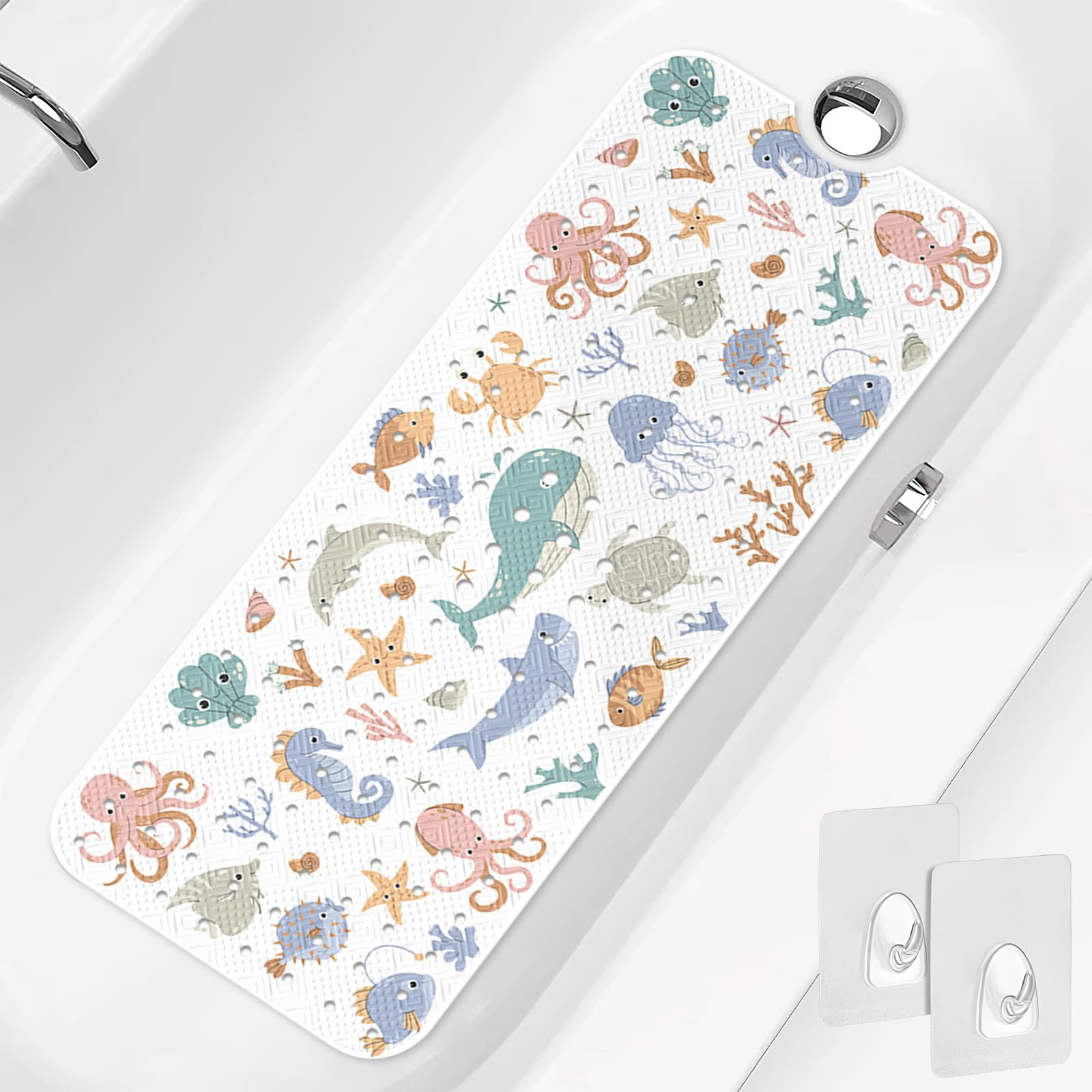 Kids Bath Mat 40x16 Non Slip Tub Shower Mat with Suction Cups Drain Holes